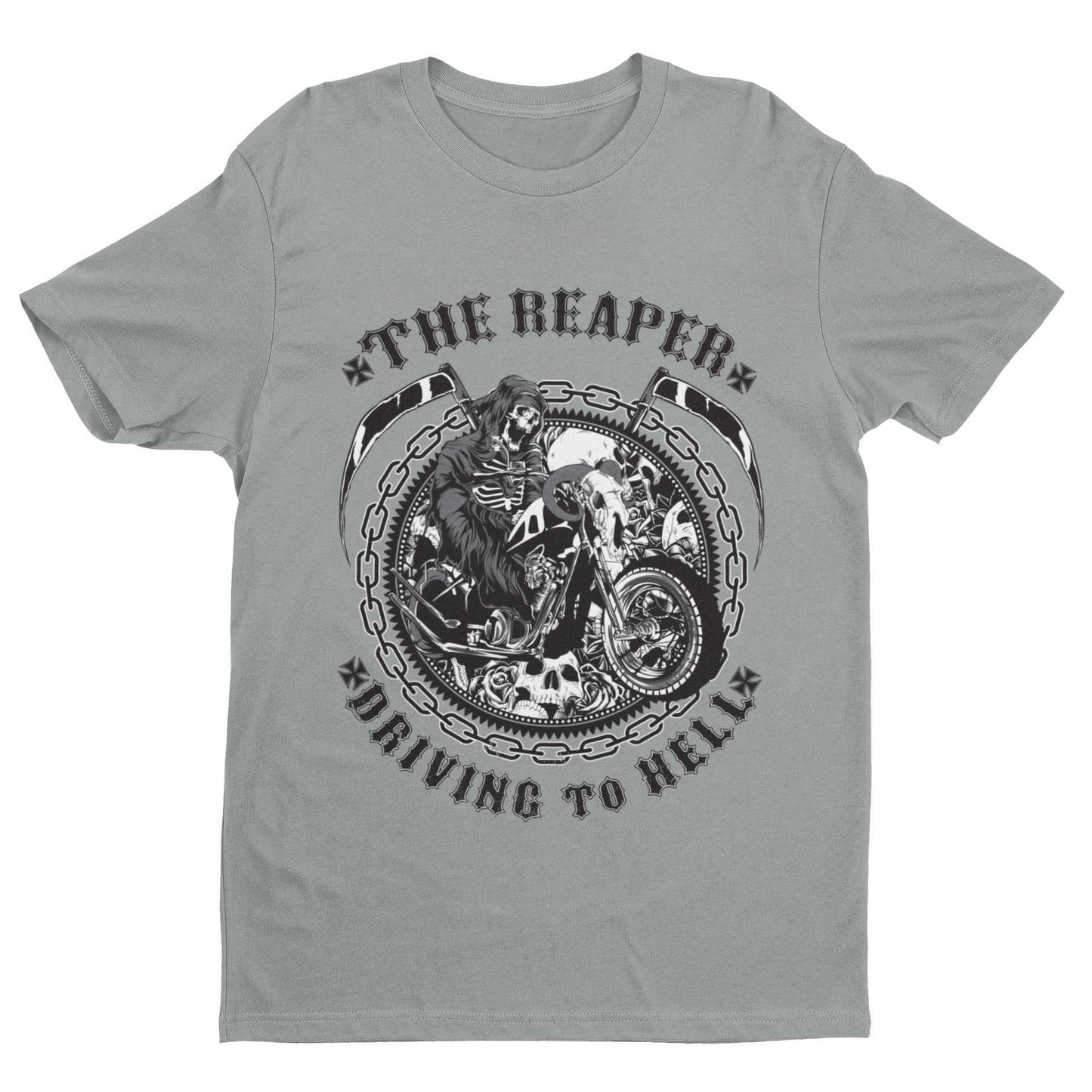 Biker T Shirt The Reaper Driving To Hell Grim Death Classic Skull MotoGalaxy Tees