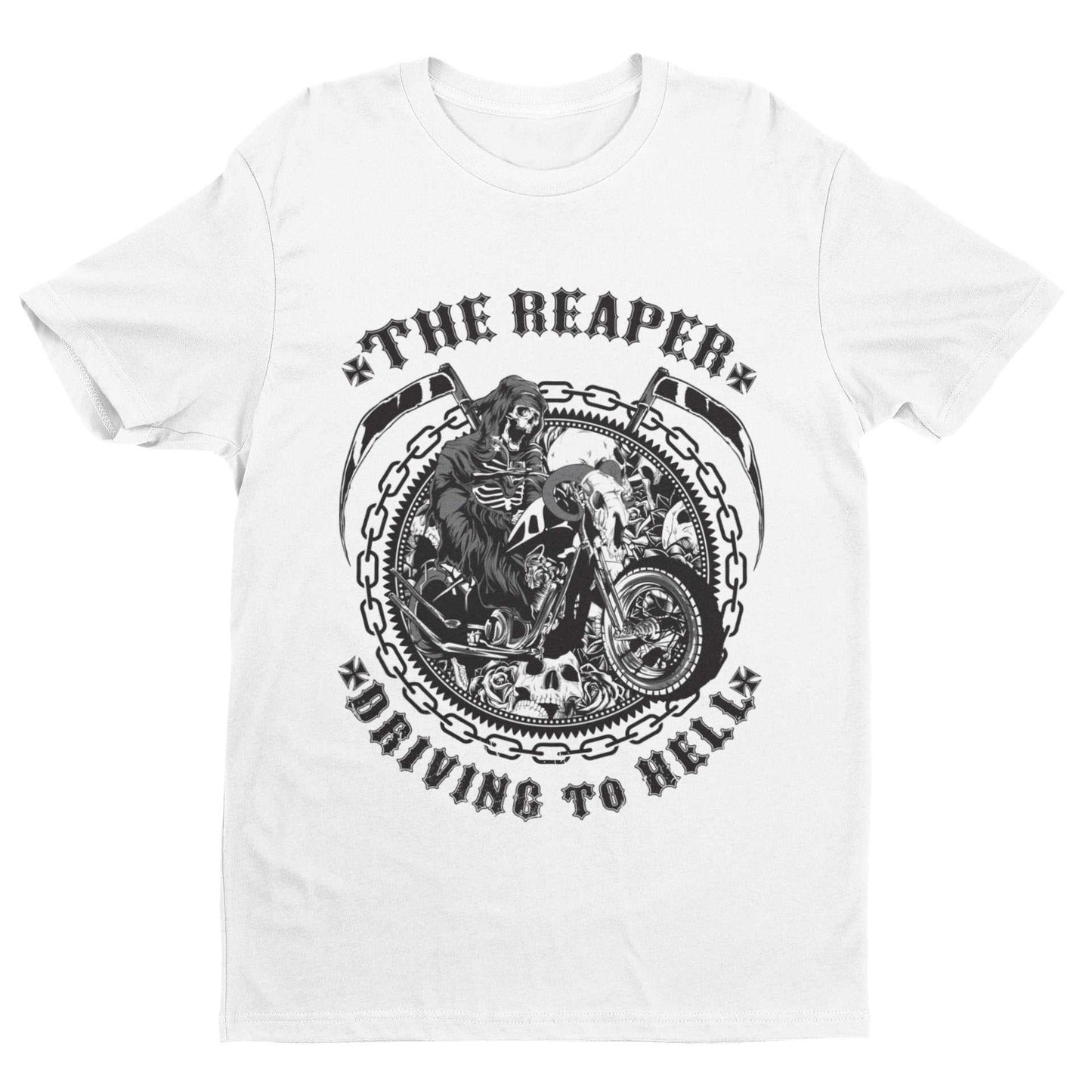 Biker T Shirt The Reaper Driving To Hell Grim Death Classic Skull MotoGalaxy Tees