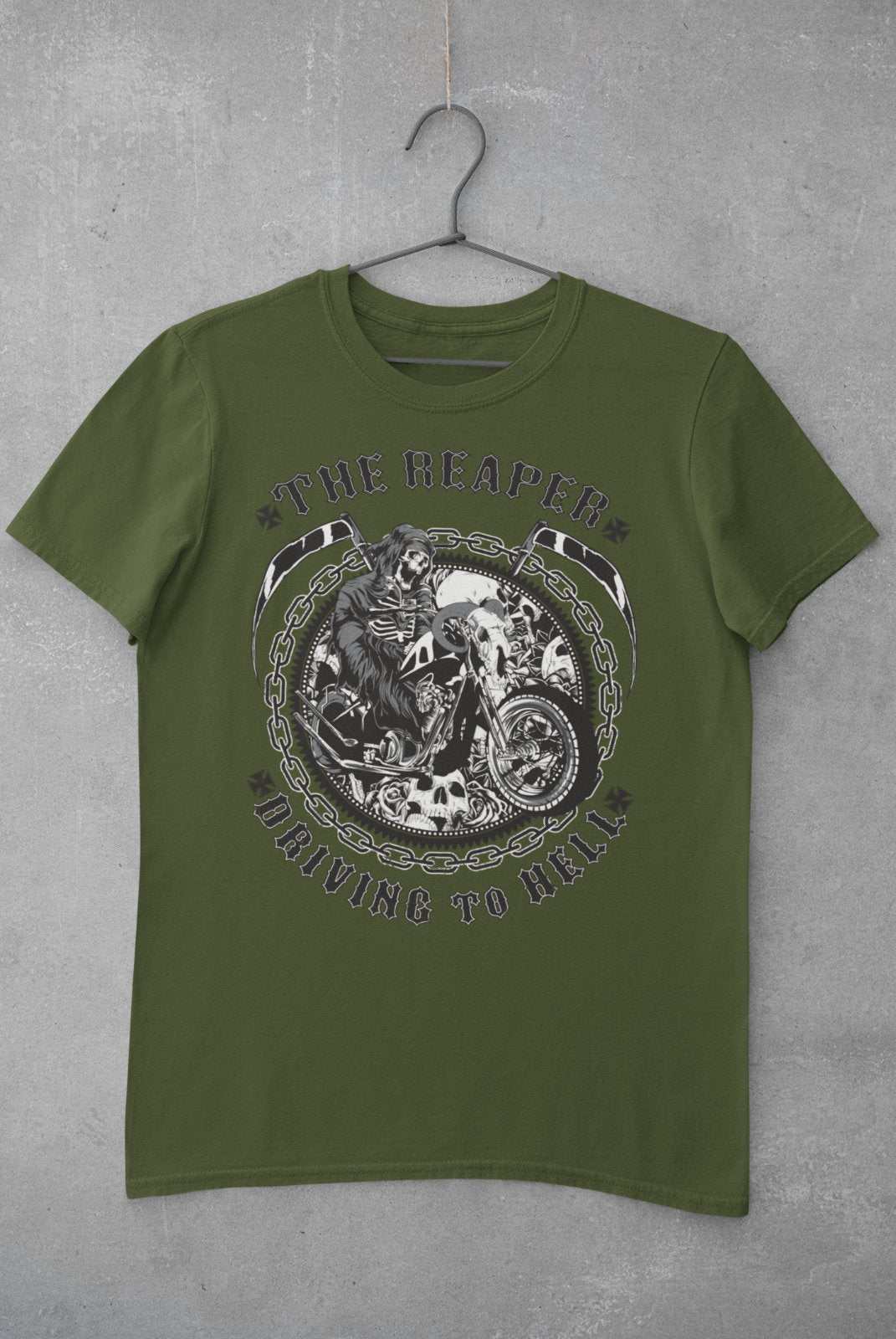 Biker T Shirt The Reaper Driving To Hell Grim Death Classic Skull MotoGalaxy Tees