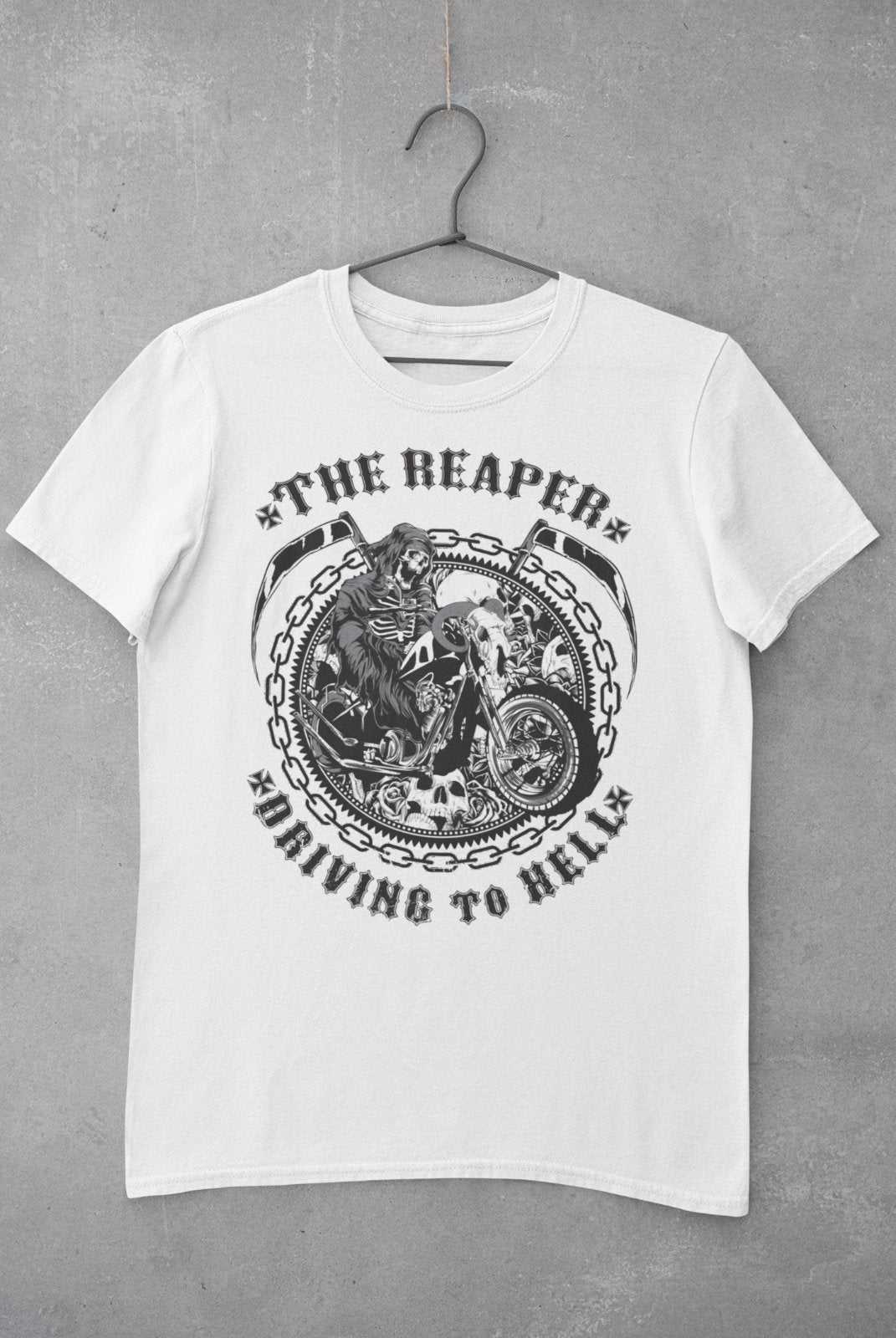 Biker T Shirt The Reaper Driving To Hell Grim Death Classic Skull MotoGalaxy Tees