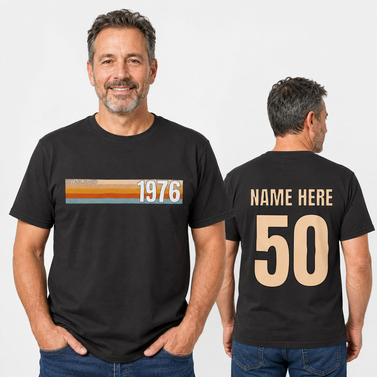 Personalised Established 1976 T-Shirt, 50th Birthday Gift with Name Back Print