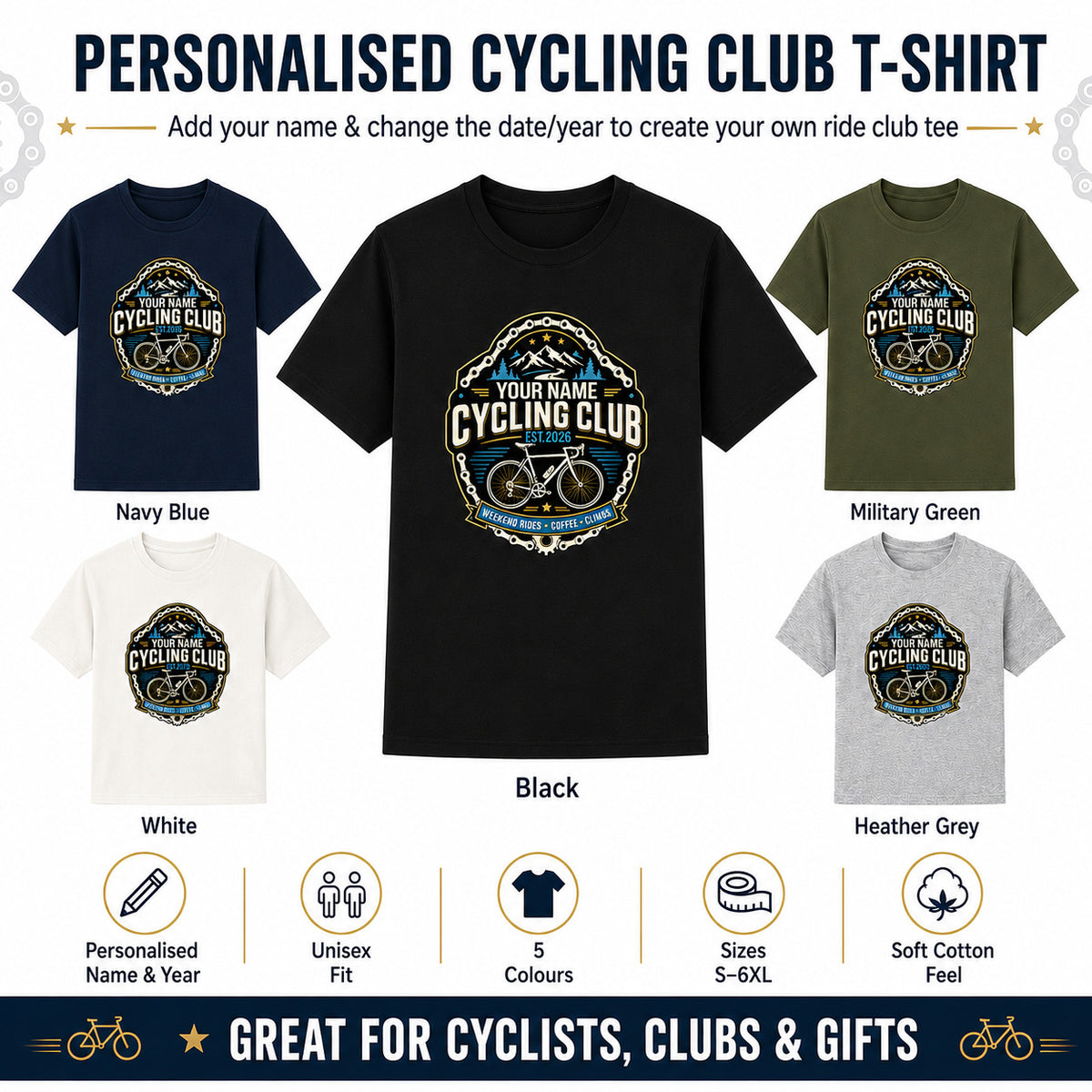 Personalised Cycling Club T-Shirt - Name & Year