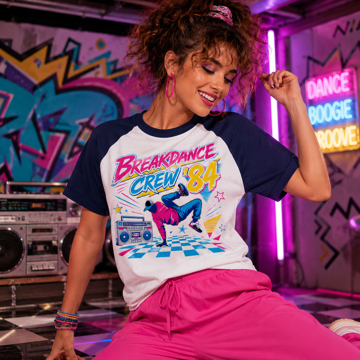 Galaxy Tees Breakdance Crew ’84 Baseball T-Shirt, 80s Retro Dance Tee
