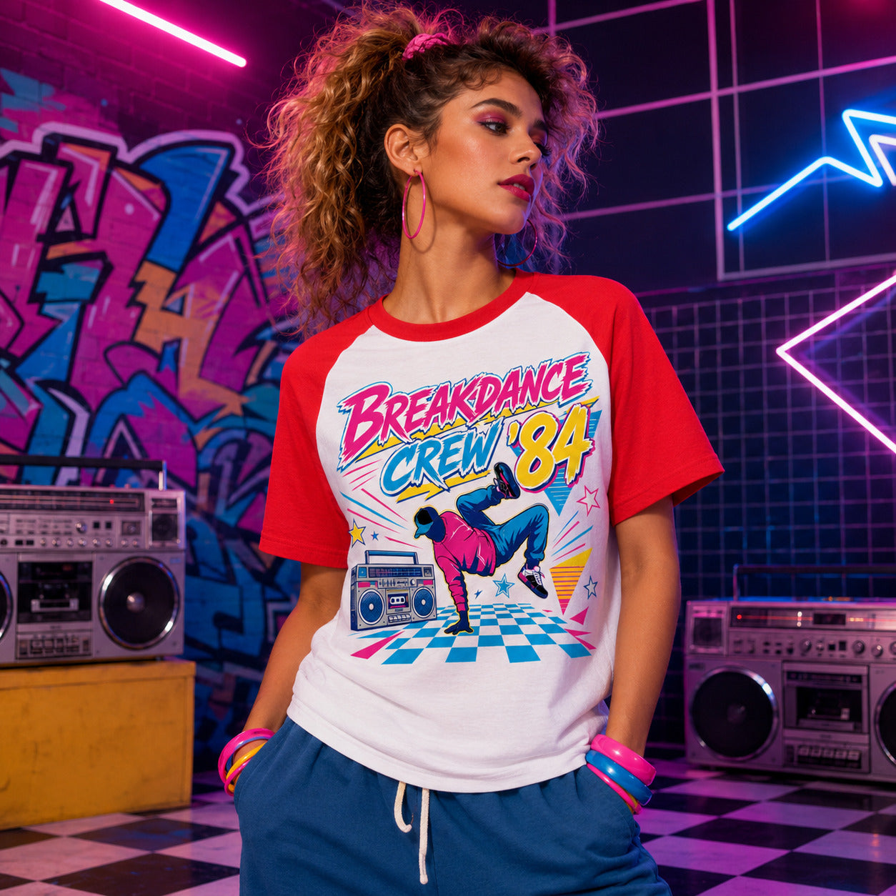 Galaxy Tees Breakdance Crew ’84 Baseball T-Shirt, 80s Retro Dance Tee
