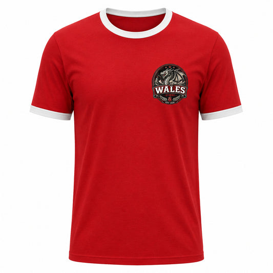 Galaxy Tees Wales-Inspired Ringer T-Shirt, Welsh Dragon Badge Tee