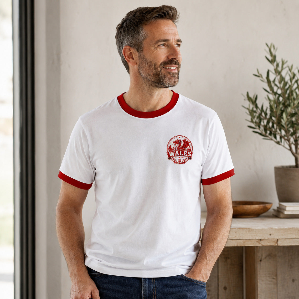 Galaxy Tees Wales-Inspired Ringer T-Shirt, Welsh Dragon Badge Tee