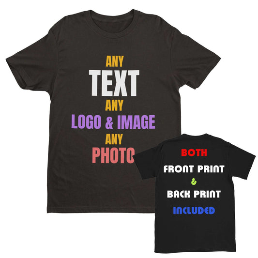 Black custom t-shirt with multicolor text design on front and back print options displayed, showcasing personalized printing service.
