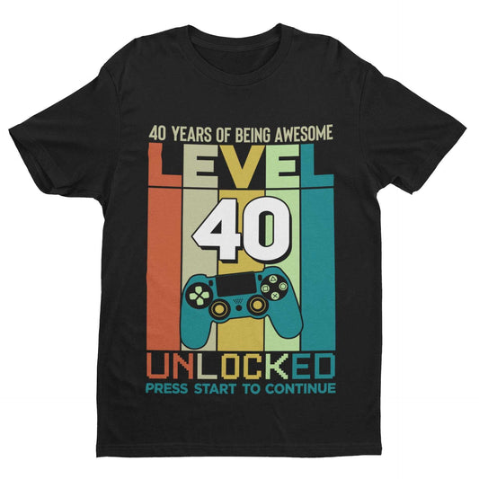 Funny 40th Birthday T Shirt Level 40 Unlocked Gaming Theme Gamer Gift Galaxy Tees