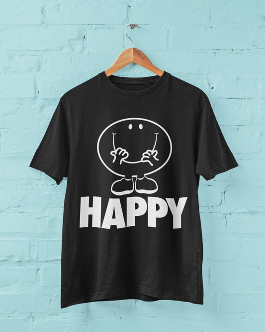 Funny Cartoon HAPPY T Shirt Feel good mental health enjoy joy acceptanGalaxy Tees