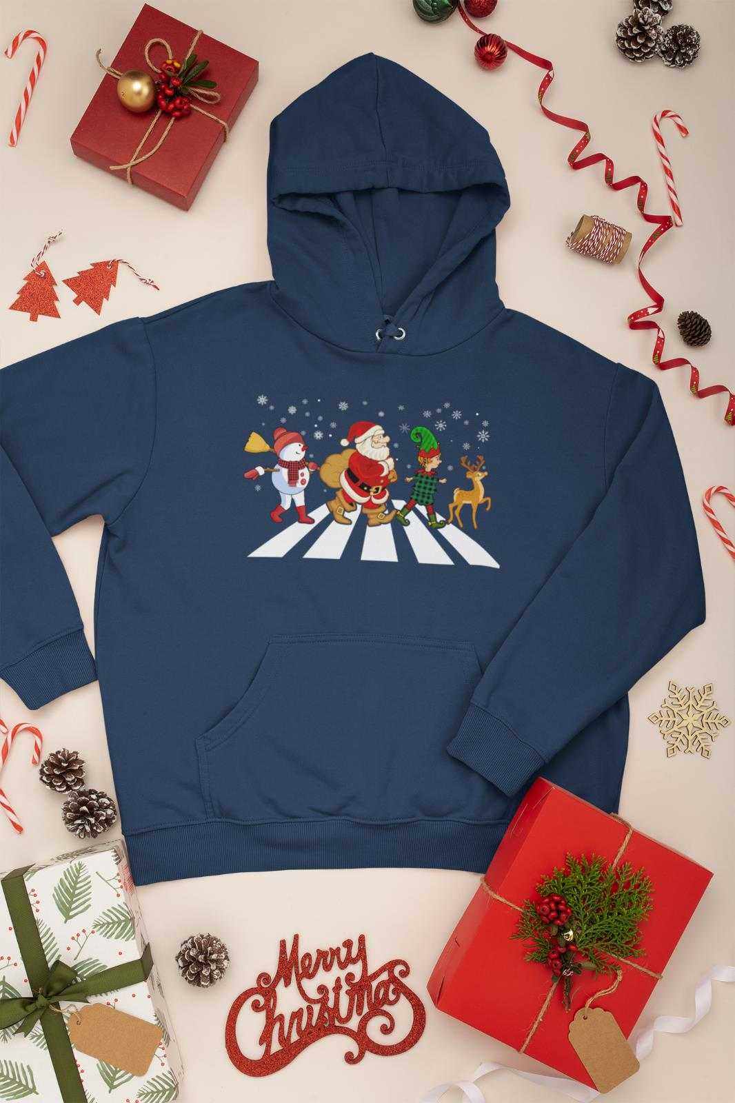 Funny Christmas Hoodie Santa Crossing Abbey Road Reindeer Gift Idea NoGalaxy Tees