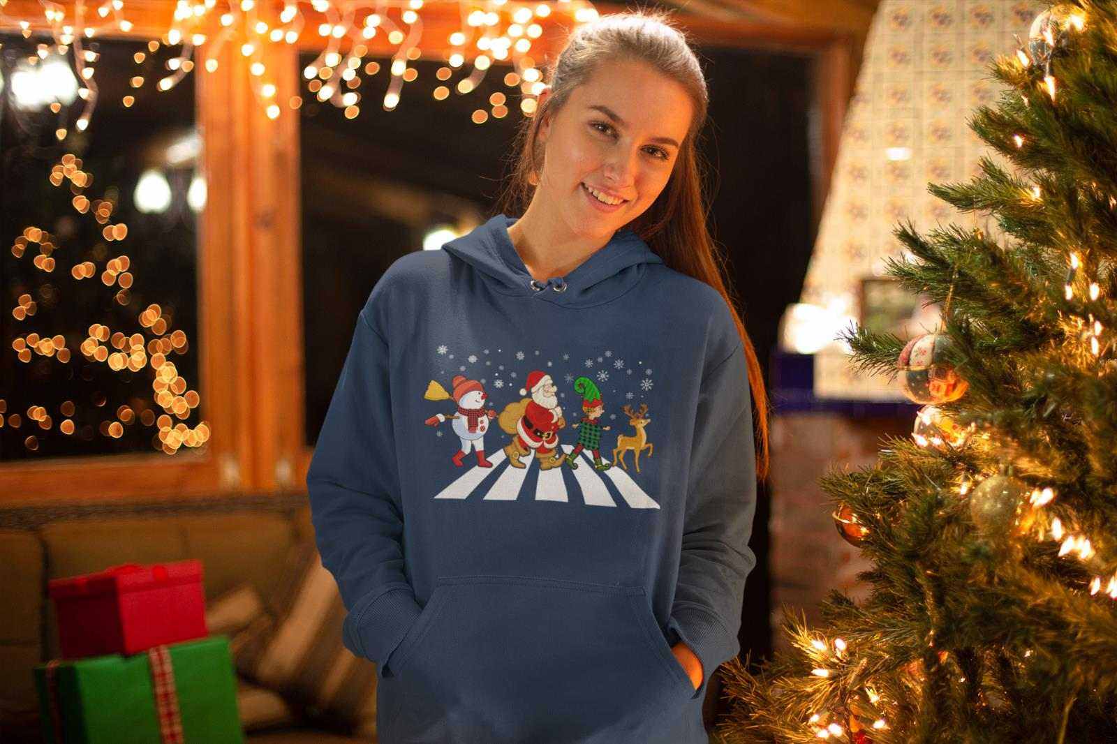 Funny Christmas Hoodie Santa Crossing Abbey Road Reindeer Gift Idea NoGalaxy Tees