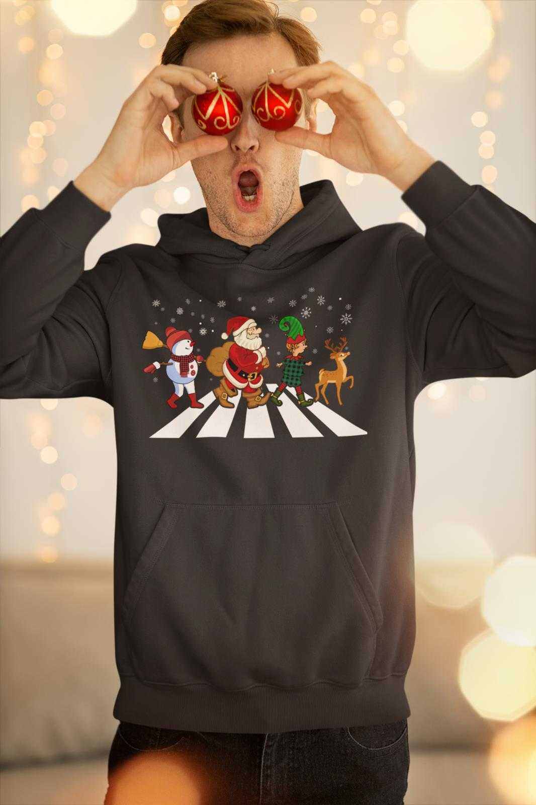 Funny Christmas Hoodie Santa Crossing Abbey Road Reindeer Gift Idea NoGalaxy Tees