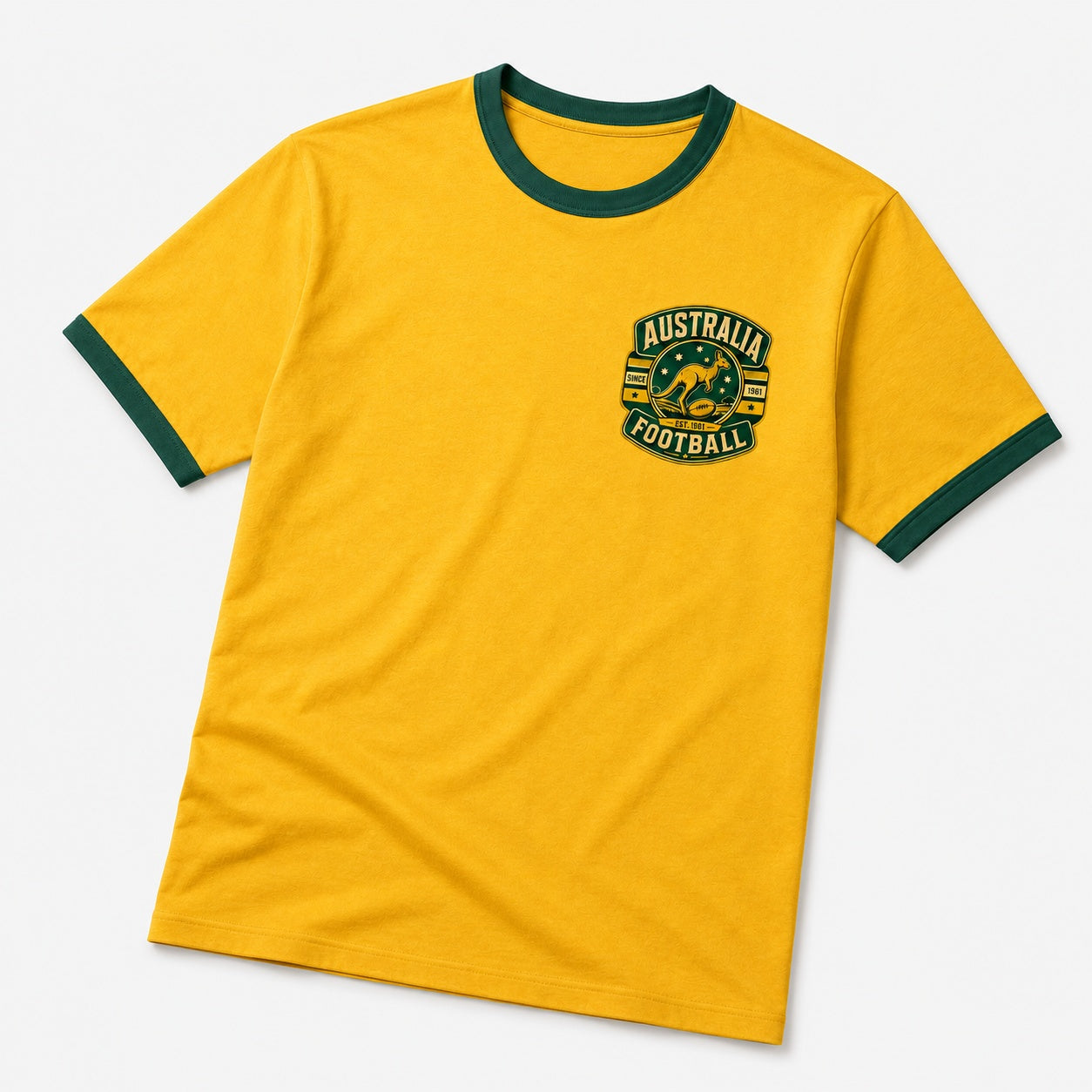 Australia Country Ringer T-Shirt Yellow/Green angled garment mockup