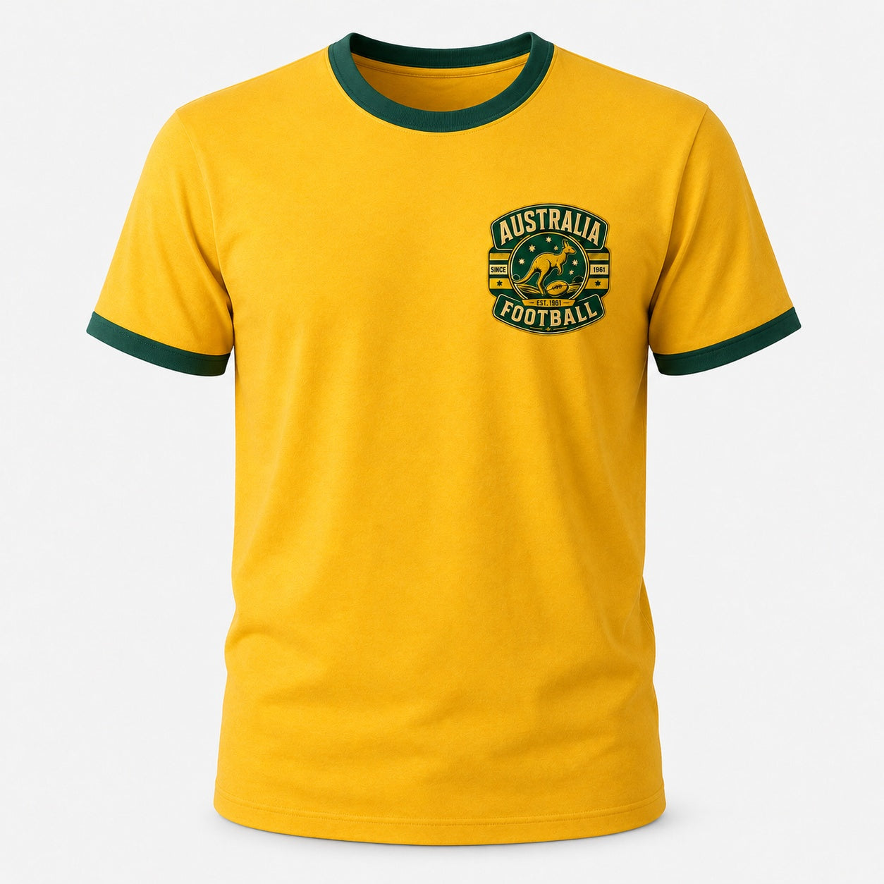 Australia Country Ringer T-Shirt Yellow/Green ghost mannequin front view with left chest crest