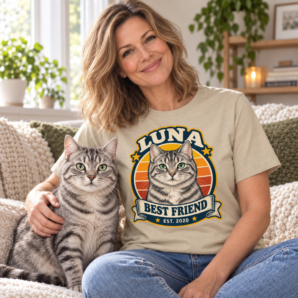 Personalised Cat Portrait T-Shirt – Custom Pet Photo & Text Unisex Gift
