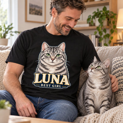 Personalised Cat Portrait T-Shirt – Custom Pet Photo & Text Unisex Gift