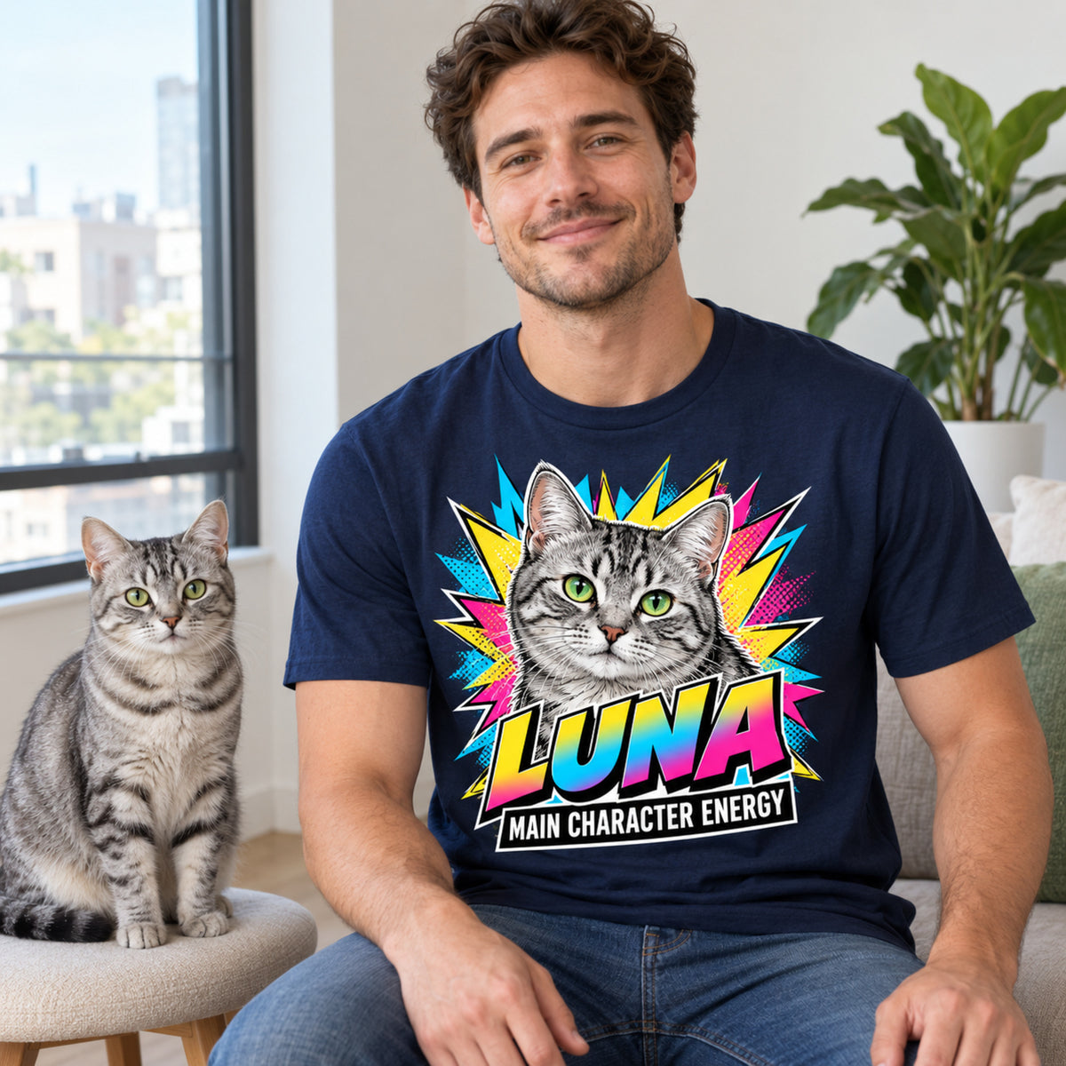 Personalised Cat Portrait T-Shirt – Custom Pet Photo & Text Unisex Gift
