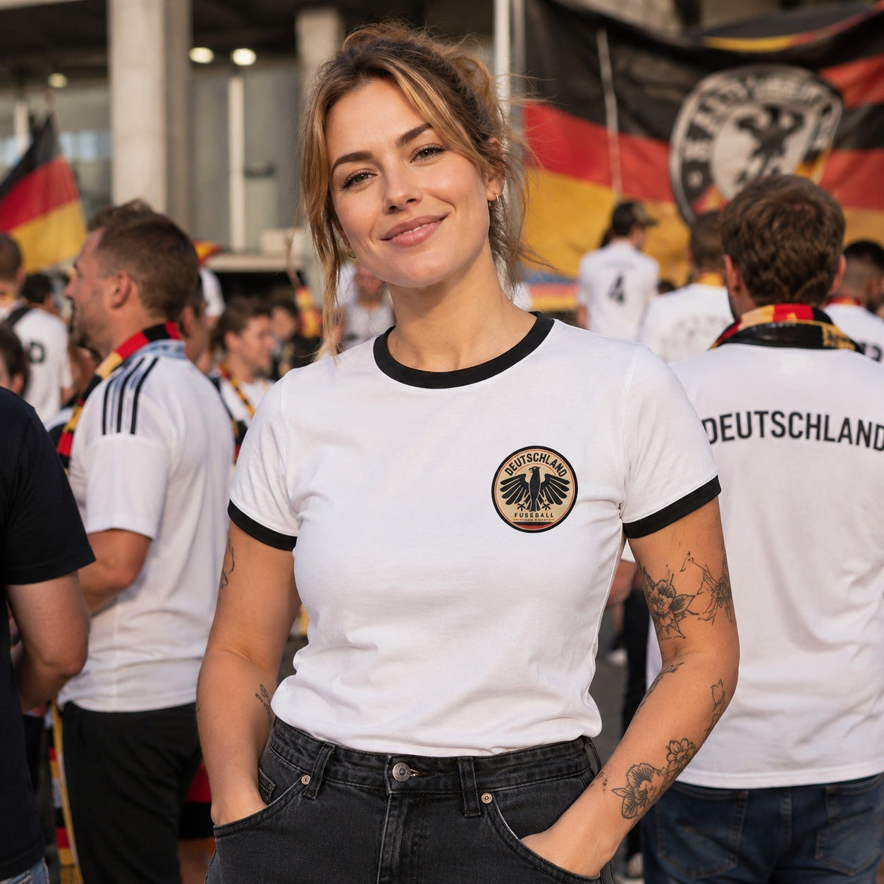 Personalised Germany Country Ringer T-Shirt White/Black shown on an adult female model