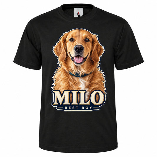 Black personalised dog portrait T-shirt showing custom pet photo artwork and optional wording