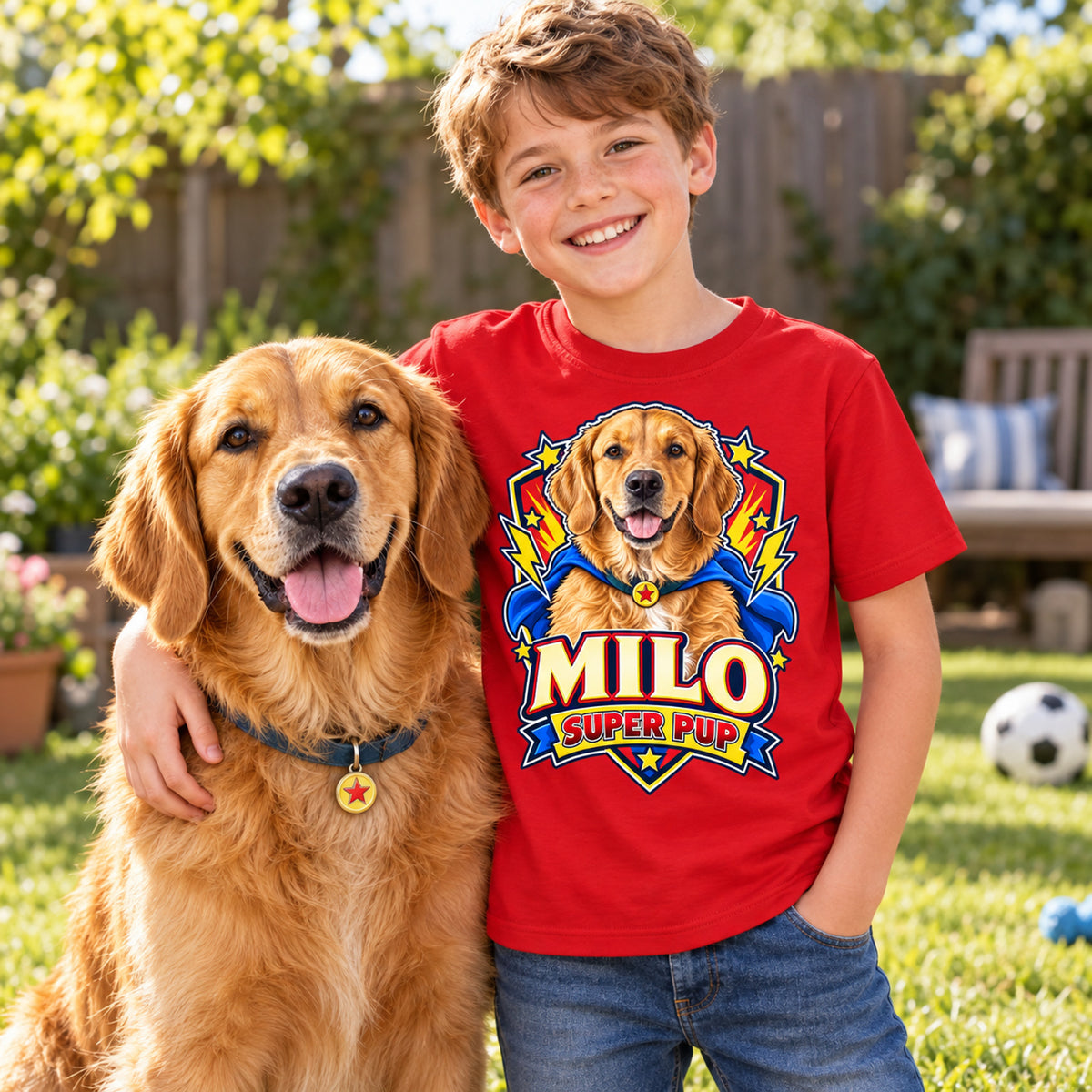 Personalised Kids Dog Portrait T-Shirt - Custom Pet Photo & Text Gift