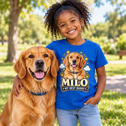 Personalised Kids Dog Portrait T-Shirt - Custom Pet Photo & Text Gift