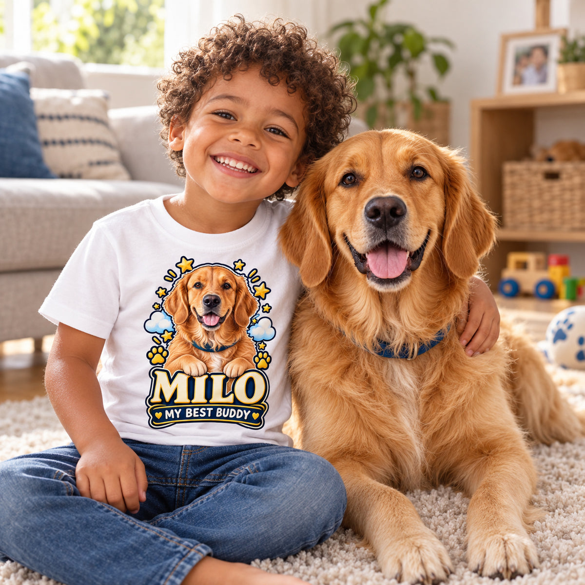 Personalised Kids Dog Portrait T-Shirt - Custom Pet Photo & Text Gift
