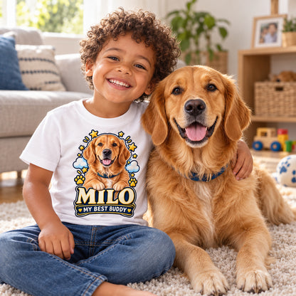 Personalised Kids Dog Portrait T-Shirt - Custom Pet Photo & Text Gift