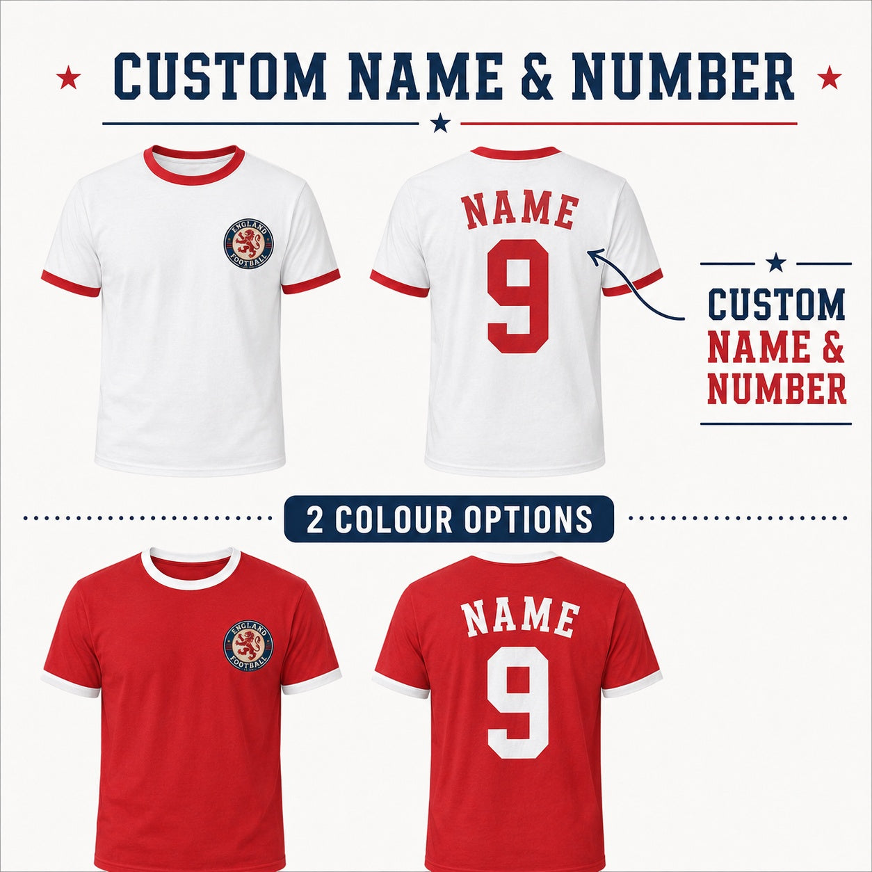 Personalised England Country Ringer T-Shirt personalisation and product information