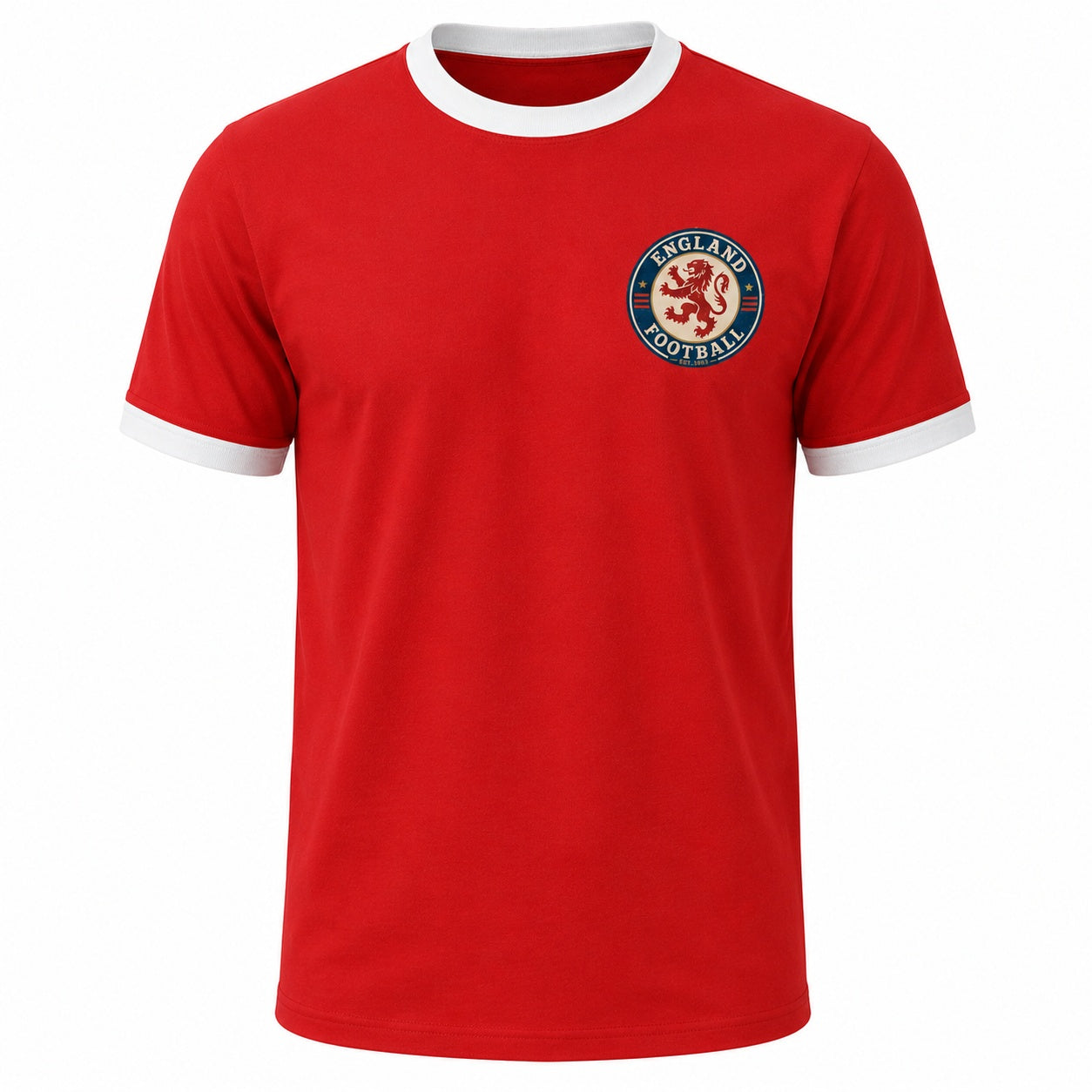 Personalised England Country Ringer T-Shirt Red/White ghost mannequin front view with left chest crest