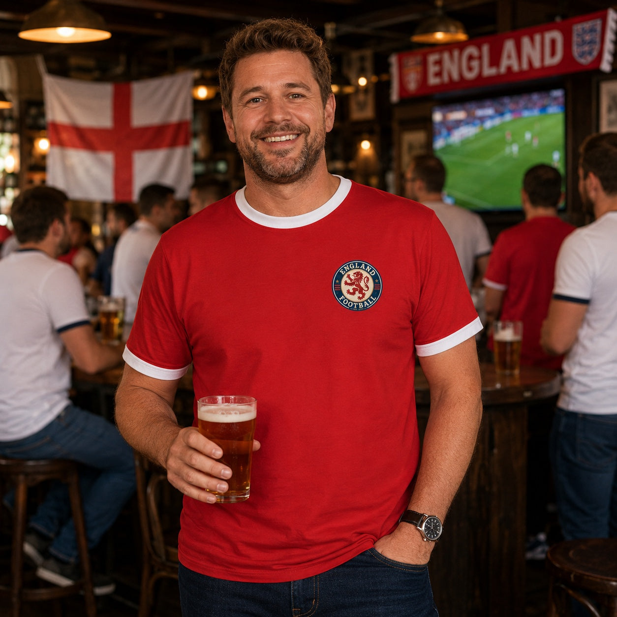 Personalised England Country Ringer T-Shirt Red/White shown on an adult male model