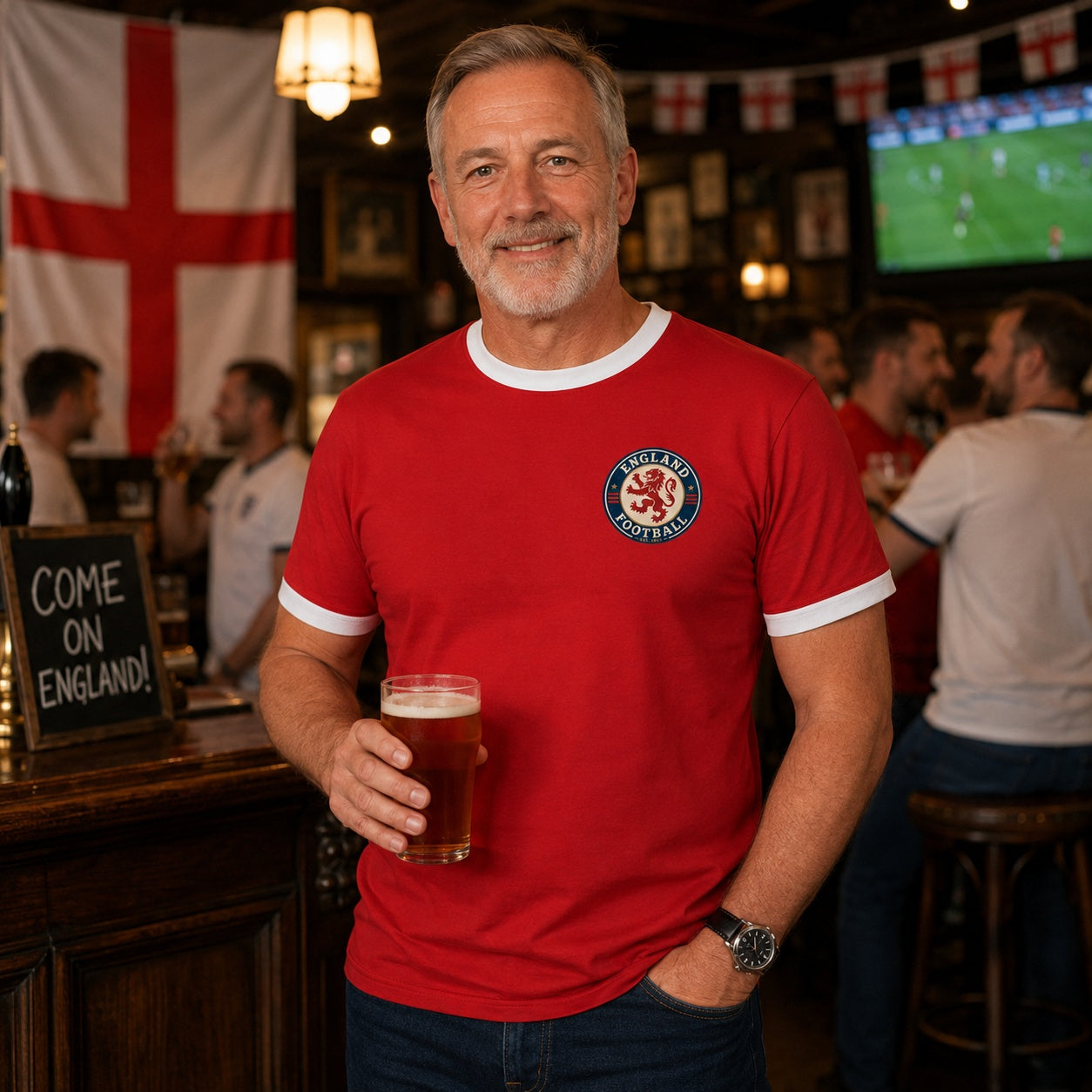 Personalised England Country Ringer T-Shirt Red/White shown on a mature adult model