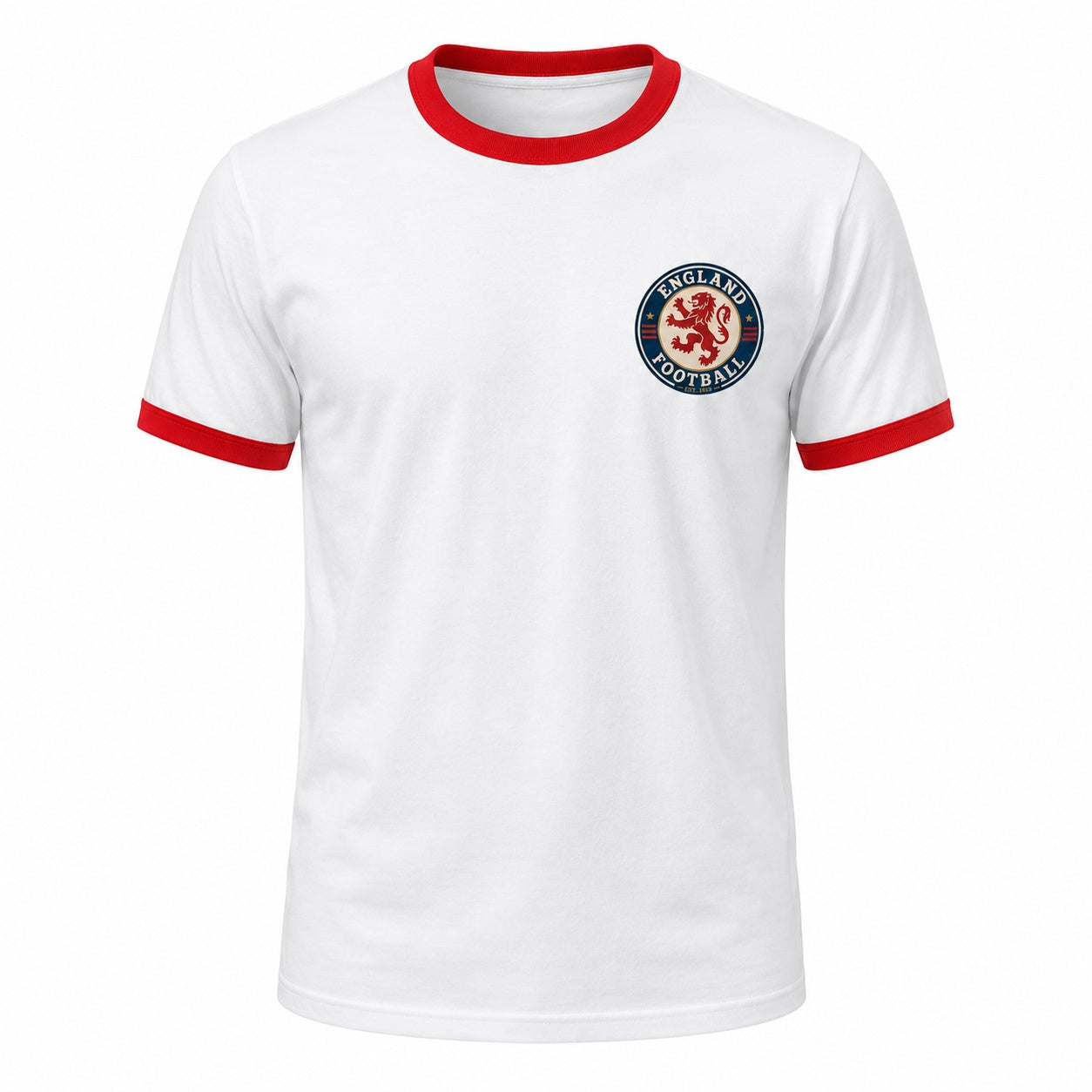 Personalised England Country Ringer T-Shirt White/Red ghost mannequin front view with left chest crest