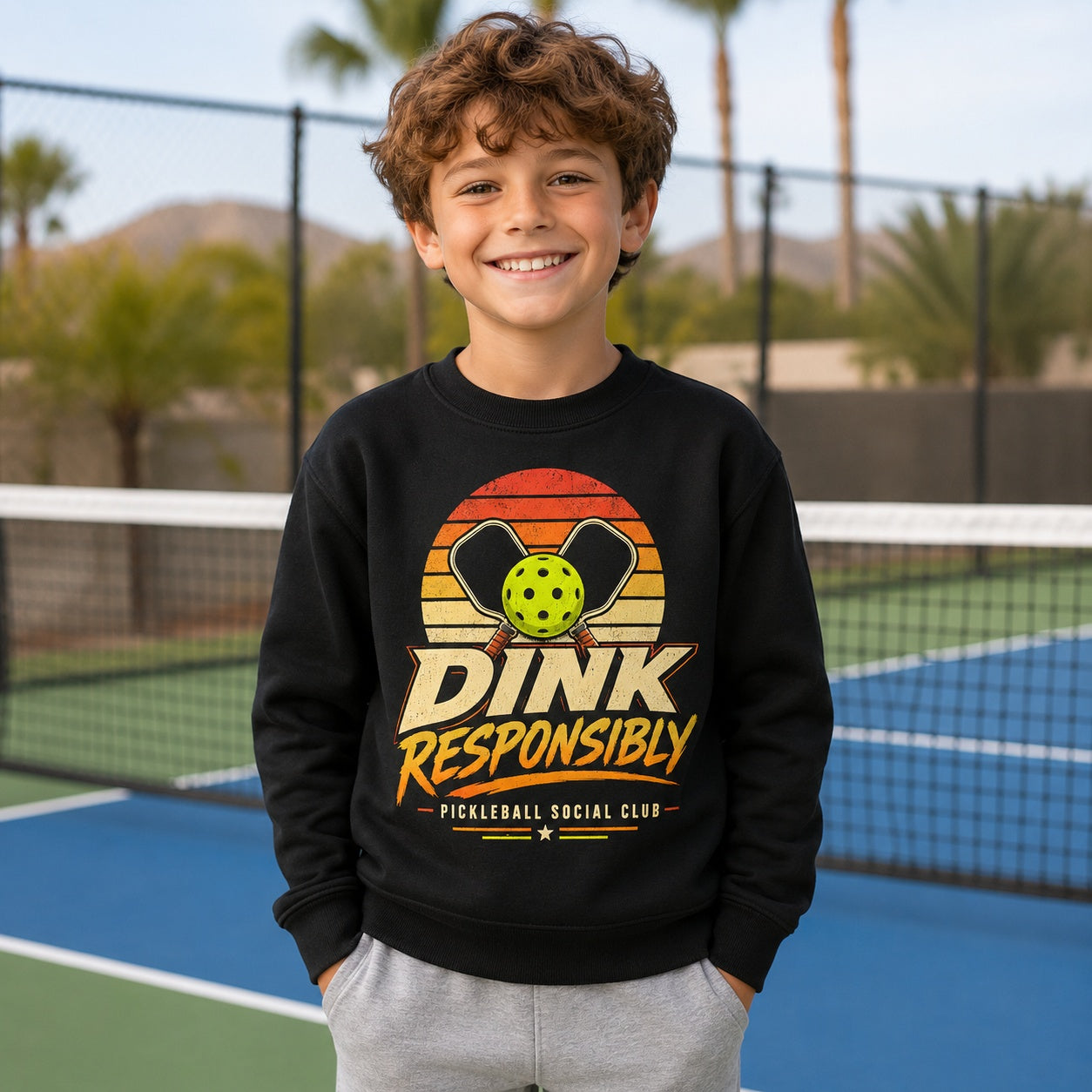 Dink Responsibly Pickleball Social Club Kids Sweatshirt model mockup