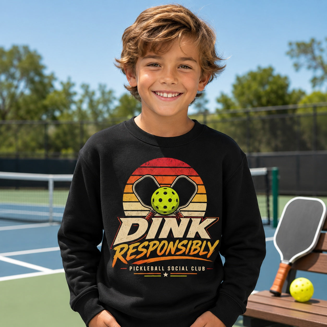 Dink Responsibly Pickleball Social Club Kids Sweatshirt lifestyle model mockup