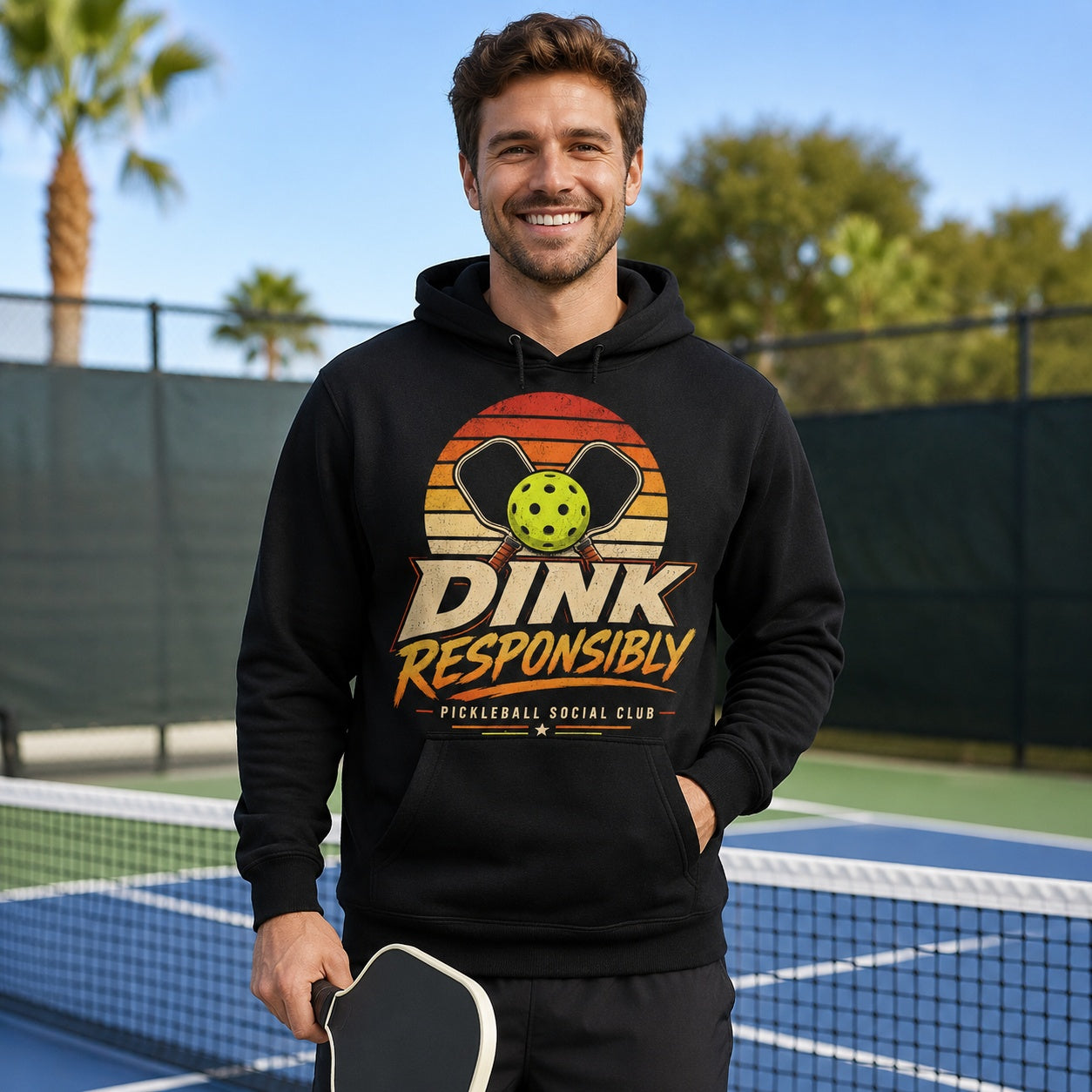 Dink Responsibly Pickleball Social Club Adult Sweatshirt lifestyle model mockup