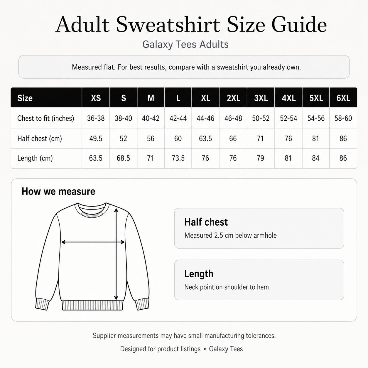 Galaxy Tees Adult Sweatshirt size guide