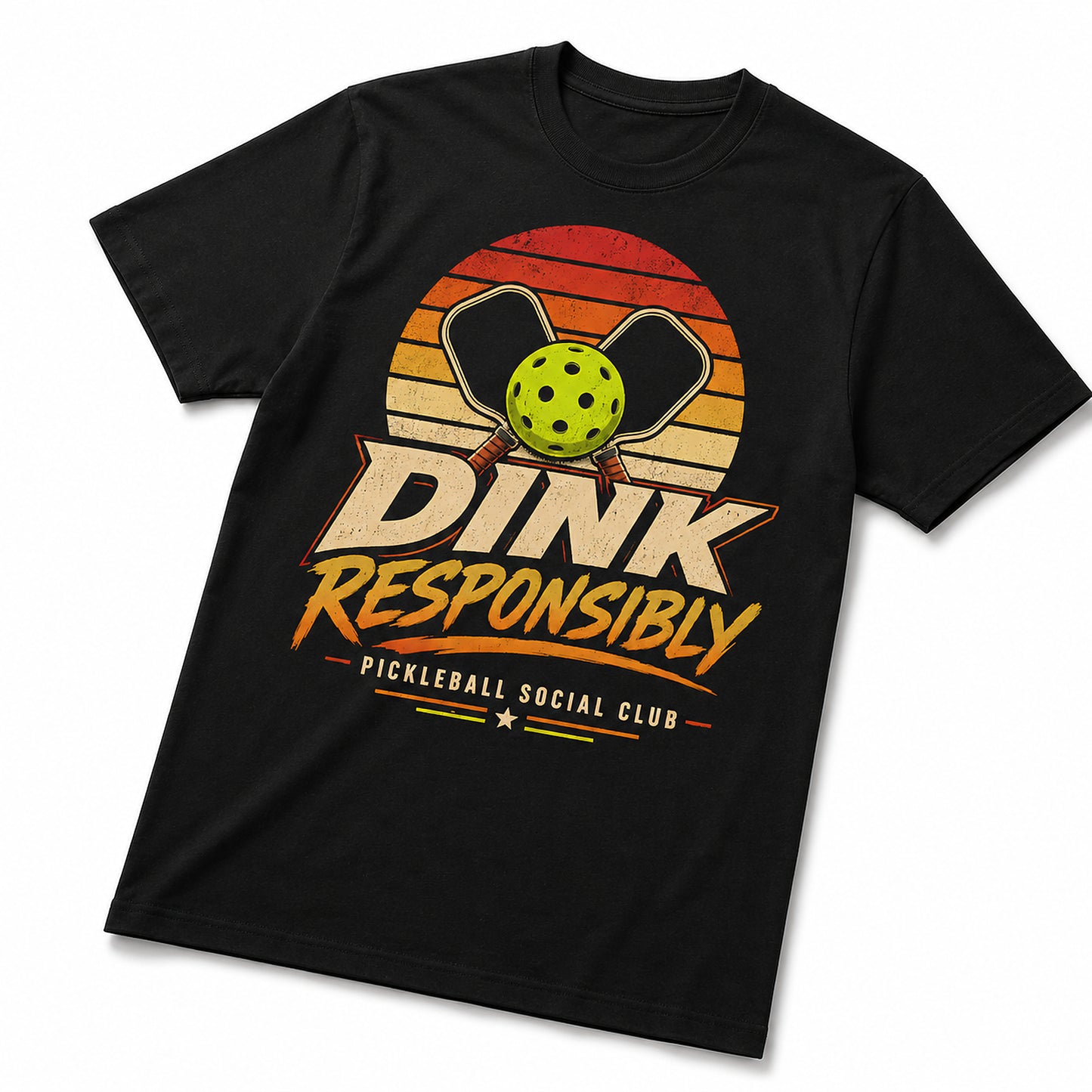 Dink Responsibly Pickleball Social Club adult unisex black t-shirt angled mockup