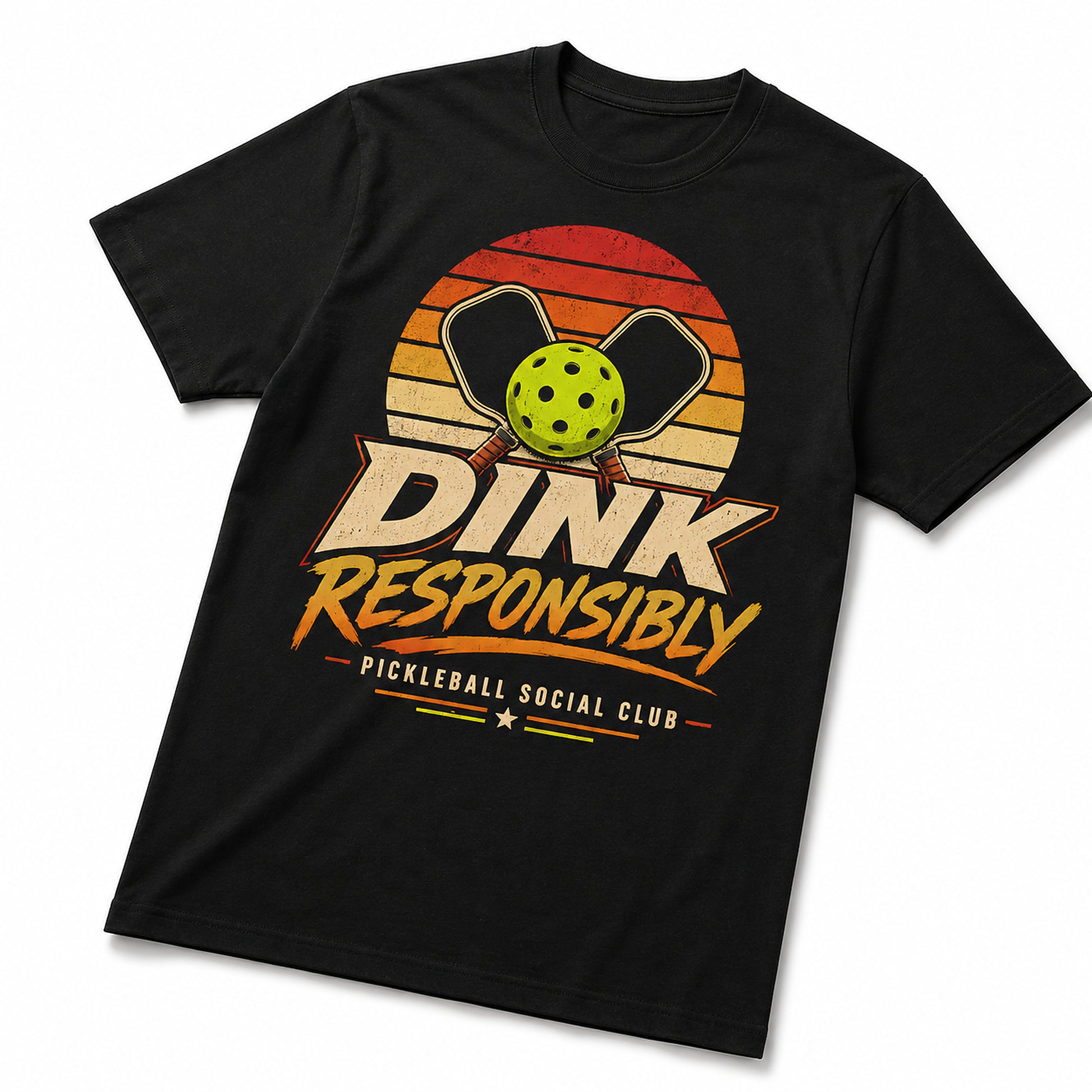 Dink Responsibly Pickleball Social Club adult unisex black t-shirt angled mockup