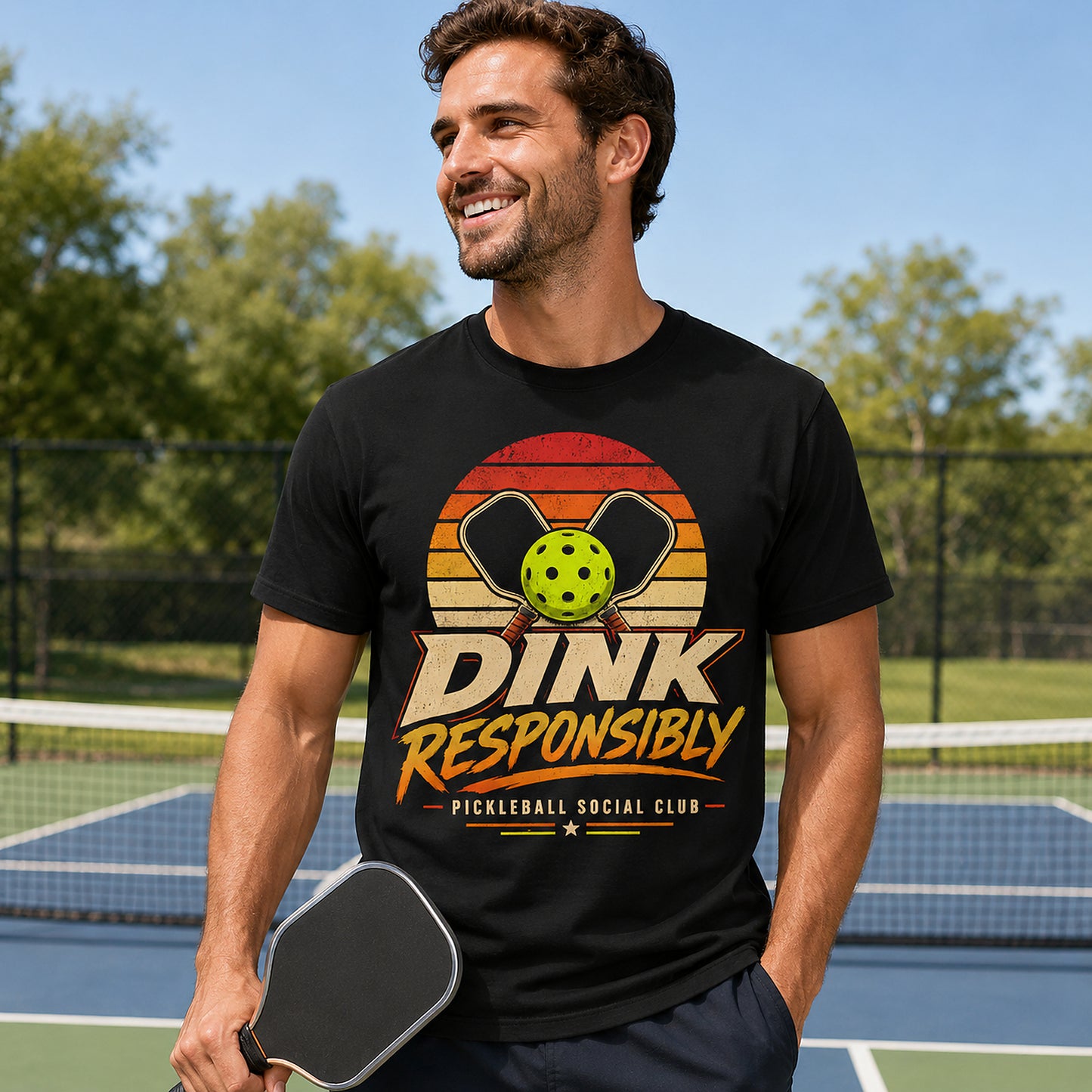 Model wearing black Dink Responsibly Pickleball Social Club t-shirt on a pickleball court