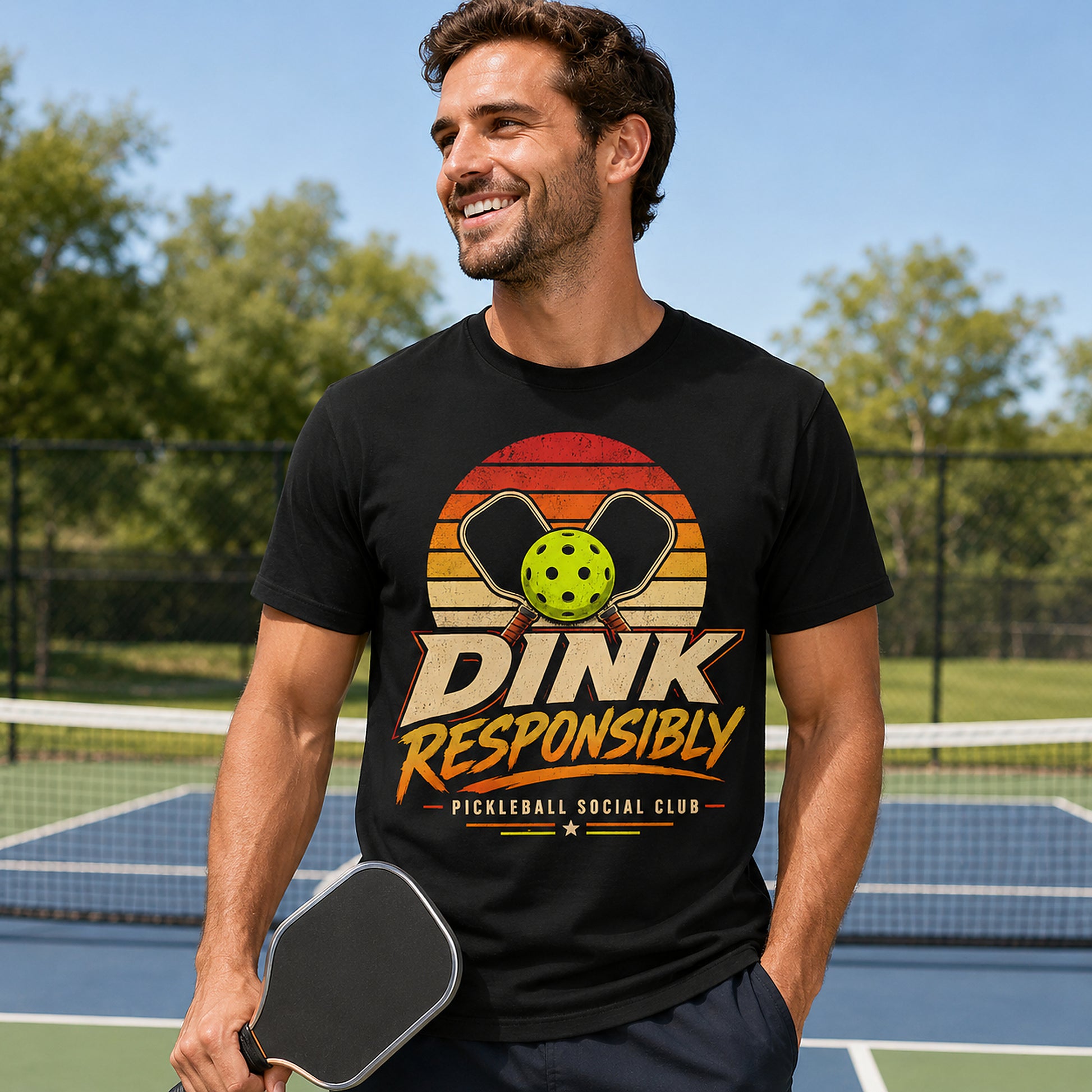 Model wearing black Dink Responsibly Pickleball Social Club t-shirt on a pickleball court