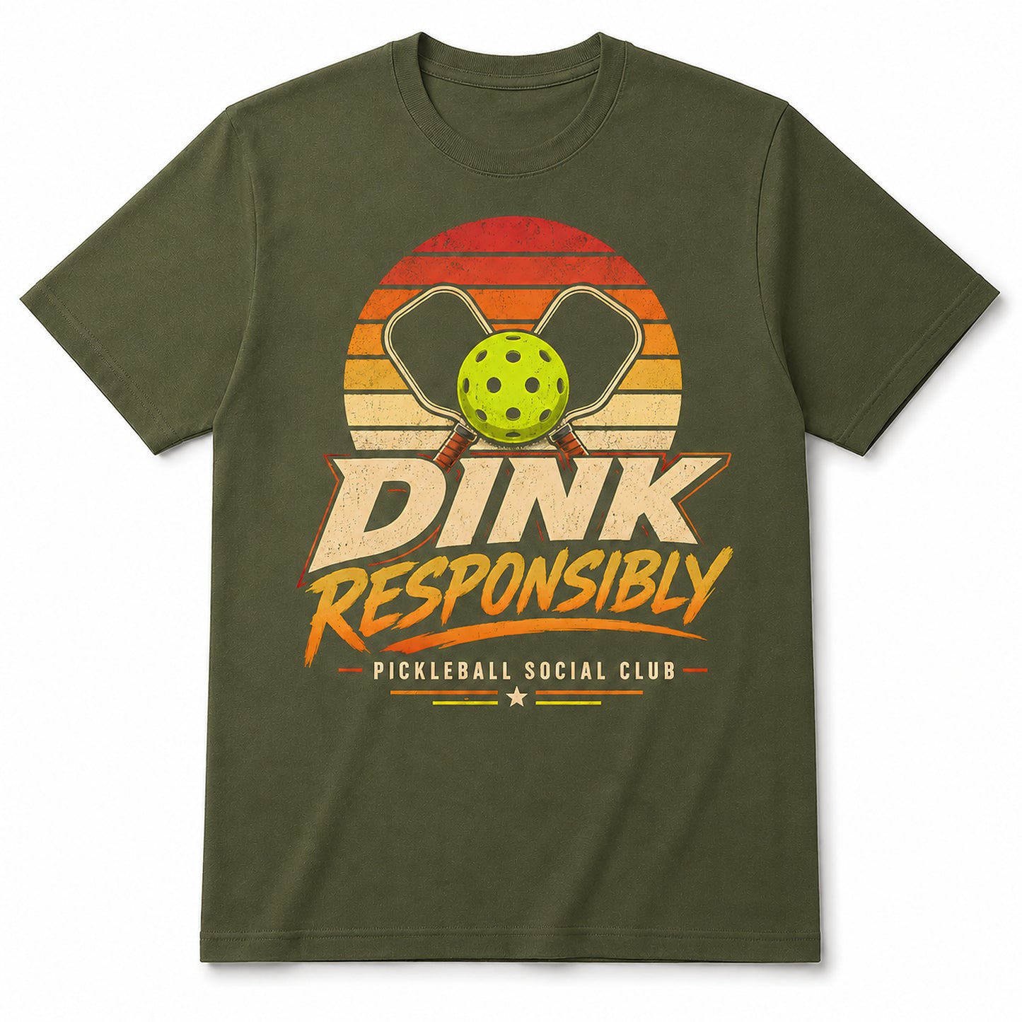 Dink Responsibly Pickleball Social Club adult unisex t-shirt in military green front mockup