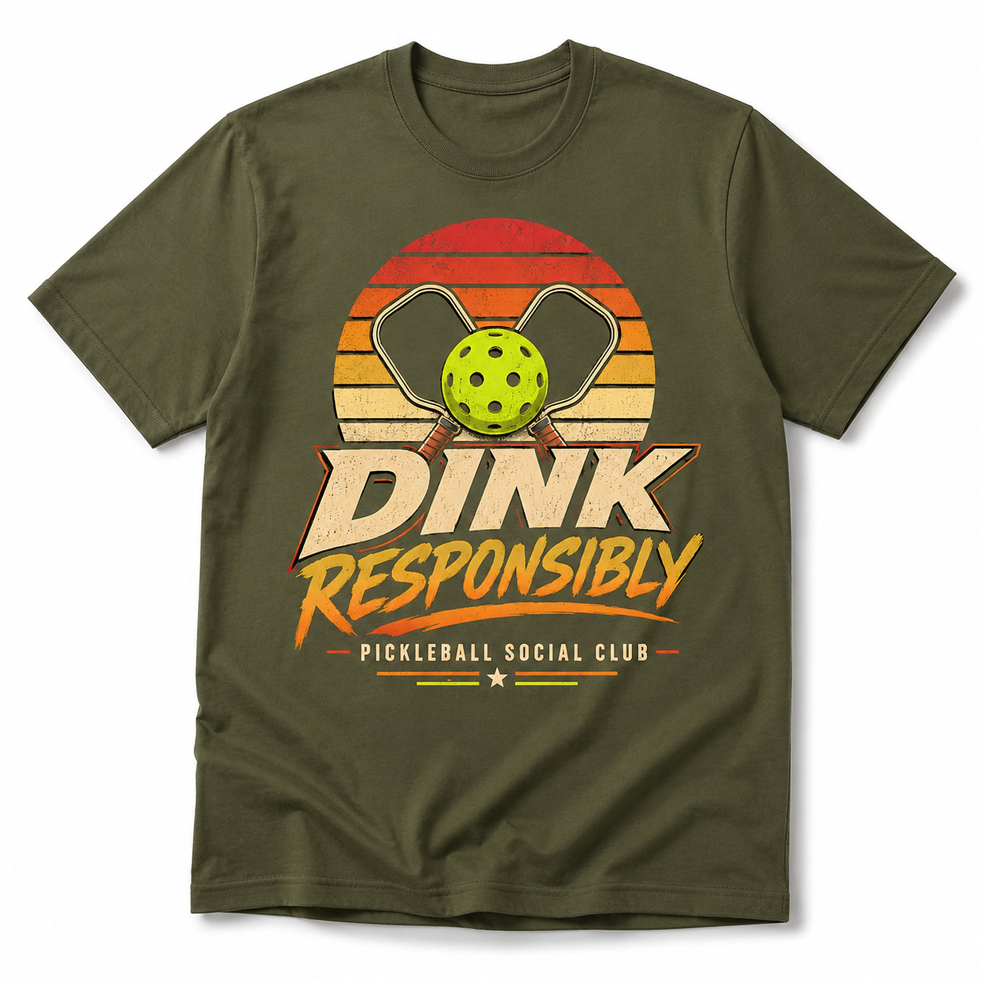Dink Responsibly Pickleball Social Club adult unisex military green t-shirt angled mockup