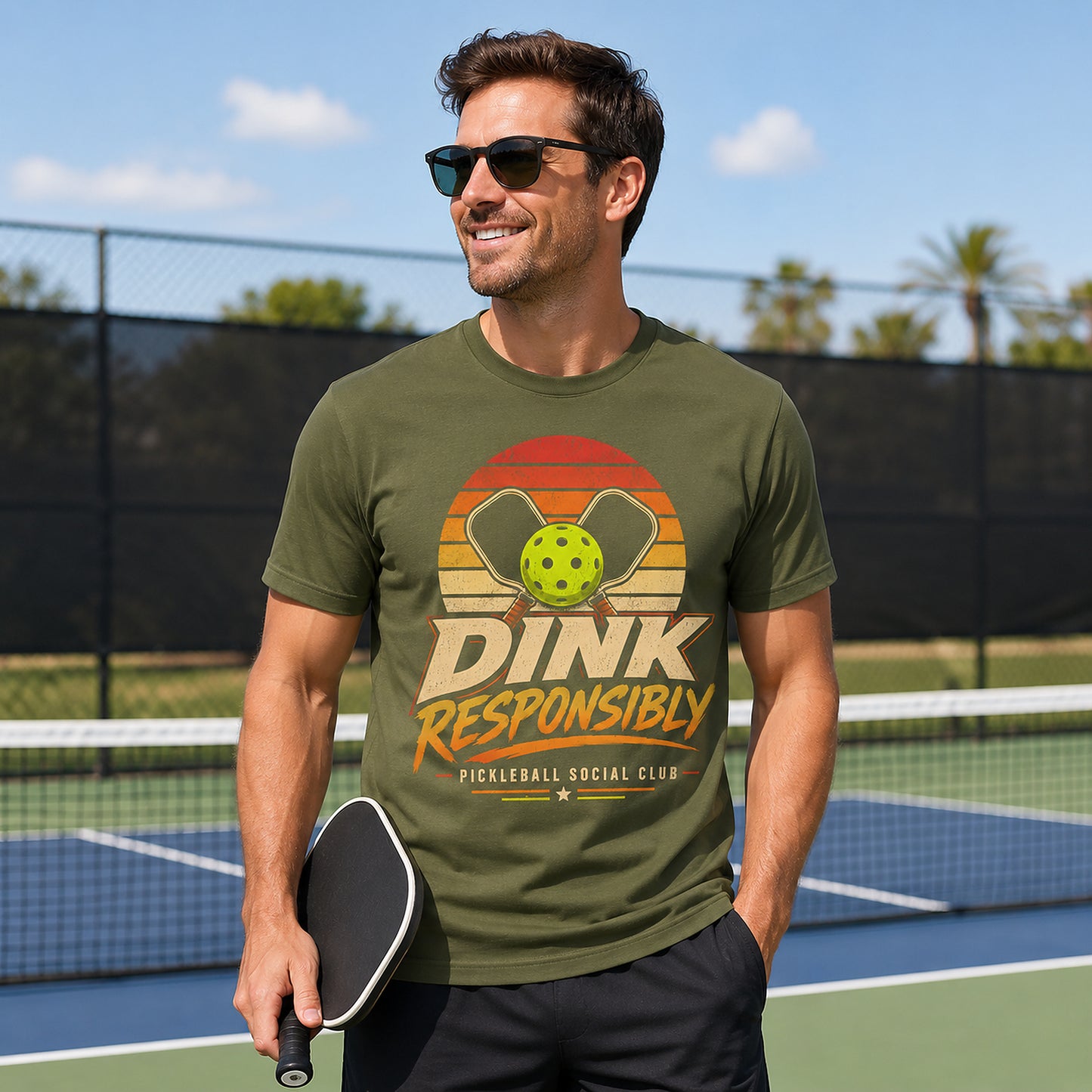 Model wearing military green Dink Responsibly Pickleball Social Club t-shirt on a pickleball court