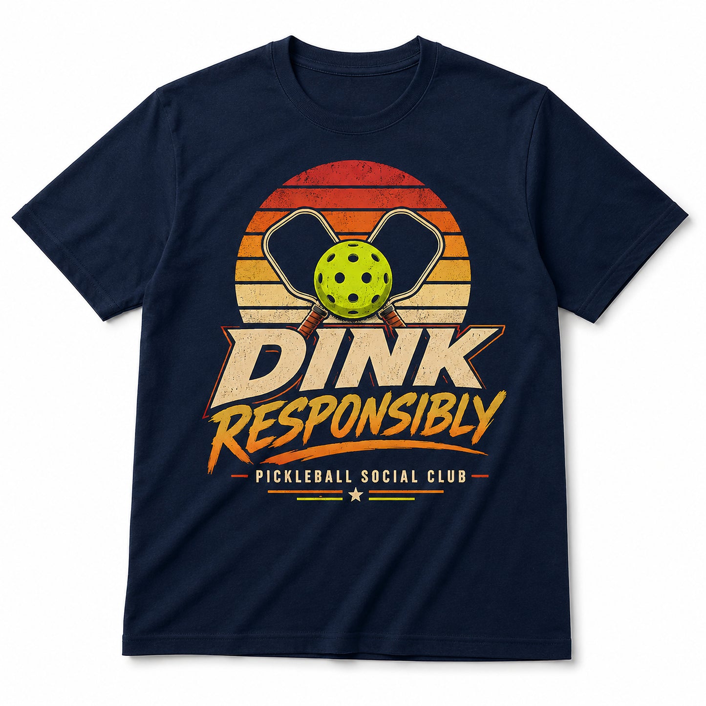 Dink Responsibly Pickleball Social Club adult unisex navy t-shirt angled mockup