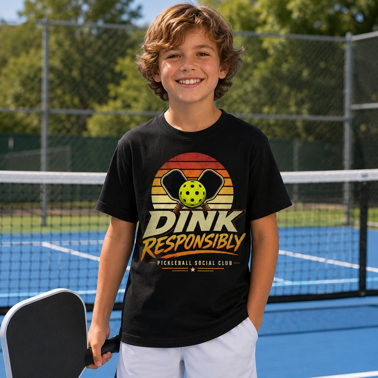 Dink Responsibly Pickleball Social Club Kids T-Shirt model mockup