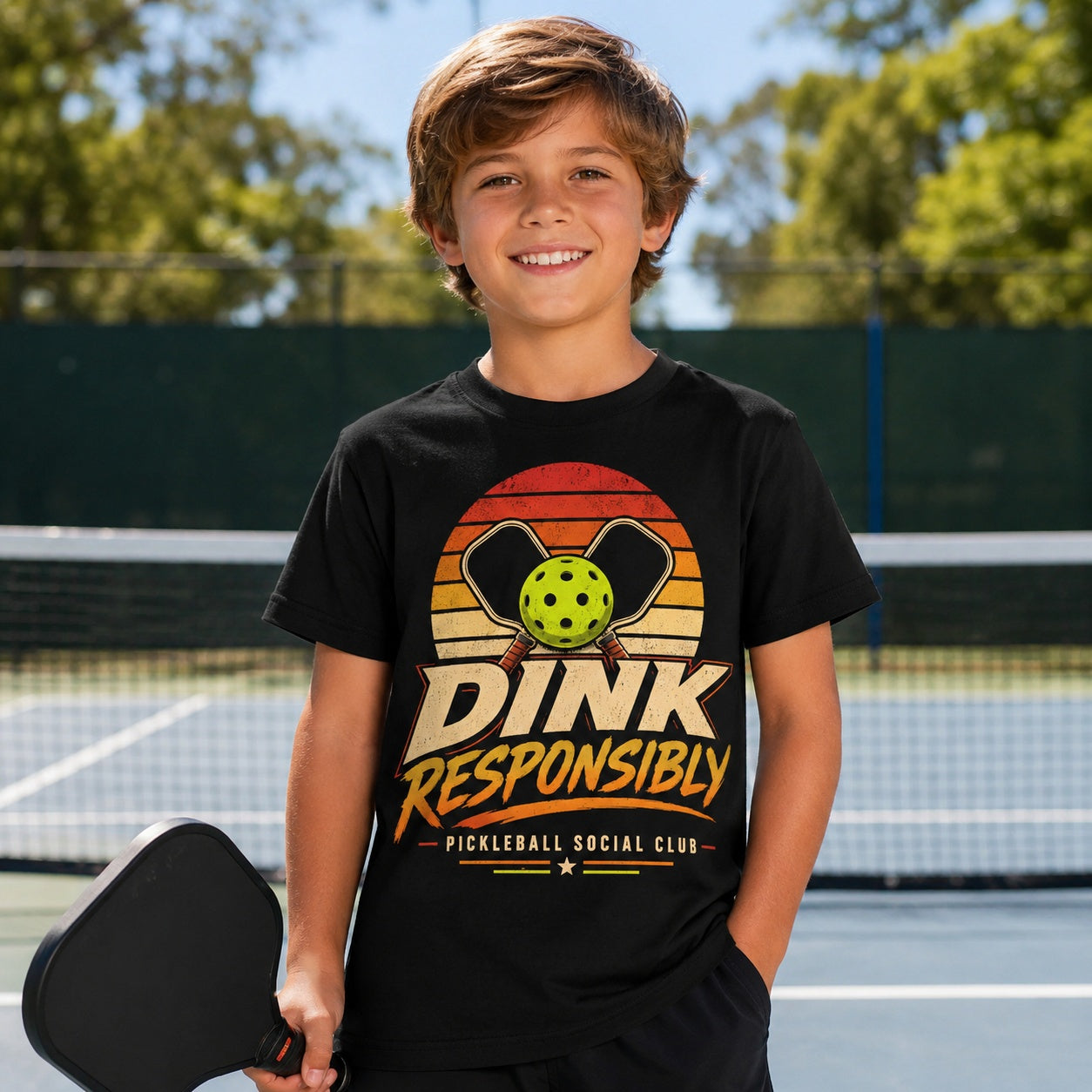 Dink Responsibly Pickleball Social Club Kids T-Shirt lifestyle model mockup