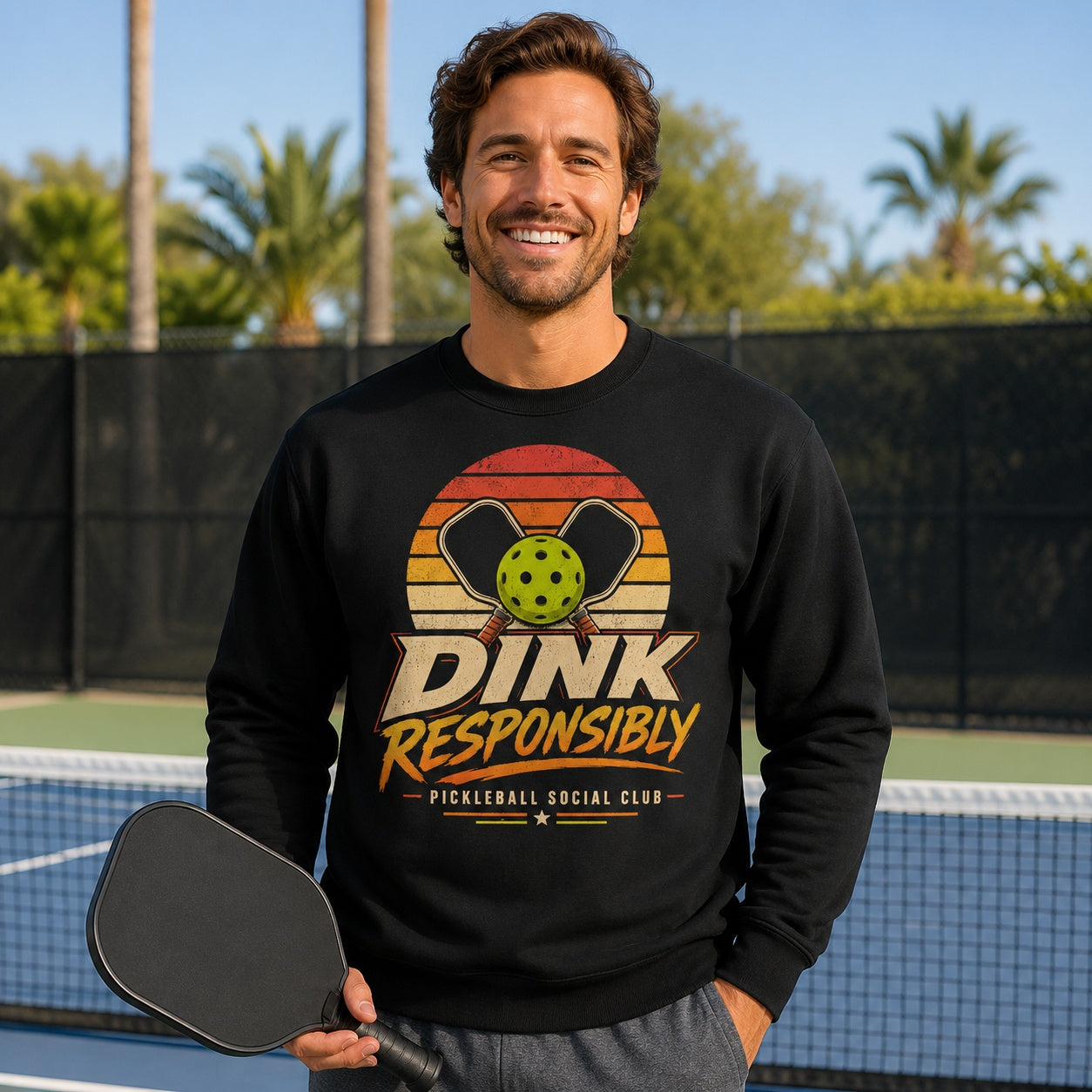 Dink Responsibly Pickleball Social Club Adult Hoodie lifestyle model mockup