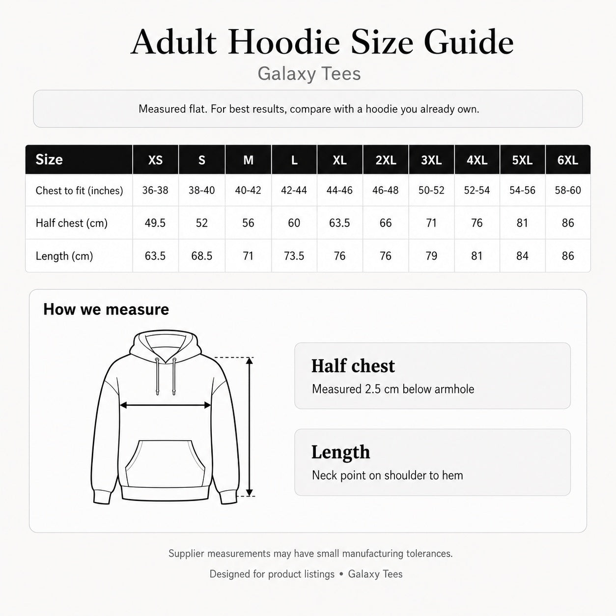 Galaxy Tees Adult Hoodie size guide