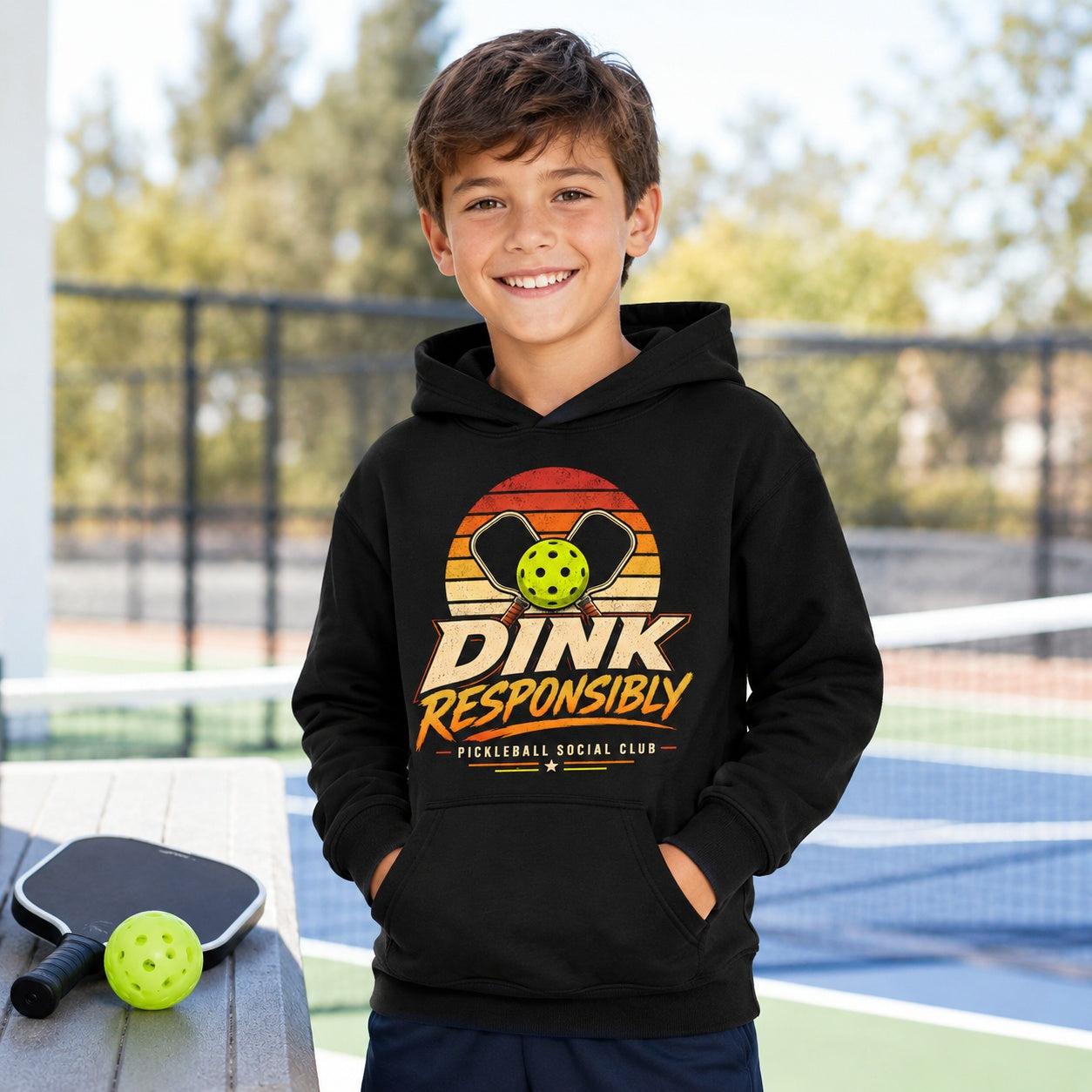 Dink Responsibly Pickleball Social Club Kids Hoodie model mockup