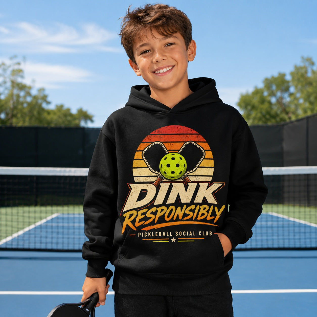 Dink Responsibly Pickleball Social Club Kids Hoodie lifestyle model mockup